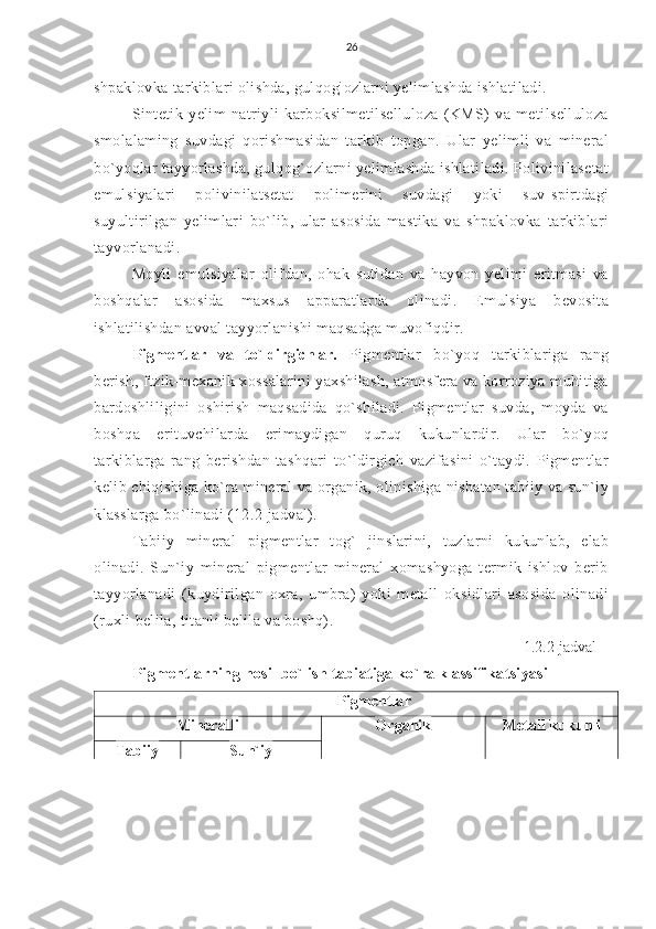 26
shpaklovka tarkiblari olishda, gulqog `
ozlarni yelimlashda ishlatiladi.
Sintetik   yelim   natriyli   karboksilmetilselluloza   (KMS)   va   metilselluloza
smolalaming   suvdagi   qorishmasidan   tarkib   topgan.   Ular   yelimli   va   mineral
bo`yoqlar tayyorlashda, gulqog`ozlarni yelimlashda ishlatiladi. Polivinilasetat
emulsiyalari   polivinilatsetat   polimerini   suvdagi   yoki   suv-spirtdagi
suyultirilgan   yelimlari   bo`lib,   ular   asosida   mastika   va   shpaklovka   tarkiblari
tayvorlanadi.
Moyli   emulsiyalar   olifdan,   ohak   sutidan   va   hayvon   yelimi   eritmasi   va
boshqalar   asosida   maxsus   apparatlarda   olinadi.   Emulsiya   bevosita
ishlatilishdan avval tayyorlanishi maqsadga muvofiqdir.
Pigmentlar   va   to`ldirgichlar.   Pigmentlar   bo`yoq   tarkiblariga   rang
berish, ftzik-mexanik xossalarini yaxshilash, atmosfera va korroziya muhitiga
bardoshliligini   oshirish   maqsadida   qo`shiladi.   Pigmentlar   suvda,   moyda   va
boshqa   erituvchilarda   erimaydigan   quruq   kukunlardir.   Ular   bo`yoq
tarkiblarga   rang   berishdan   tashqari   to`ldirgich   vazifasini   o`taydi.   Pigmentlar
kelib chiqishiga ko`ra mineral va organik, olinishiga nisbatan tabiiy va sun`iy
klasslarga bo`linadi (12.2-jadval).
Tabiiy   mineral   pigmentlar   tog`   jinslarini,   tuzlarni   kukunlab,   elab
olinadi.   Sun`iy   mineral   pigmentlar   mineral   xomashyoga   termik   ishlov   berib
tayyorlanadi   (kuydirilgan   oxra,   umbra)   yoki   metall   oksidlari   asosida   olinadi
(ruxli belila, titanli belila va boshq).
1.2.2-jadval
Pigmentlarning hosil bo`lish tabiatiga ko`ra klassifikatsiyasi
                                                              Pigmentlar
Mineralli Organik Metall kukunli
Tabiiy Sun`iy 