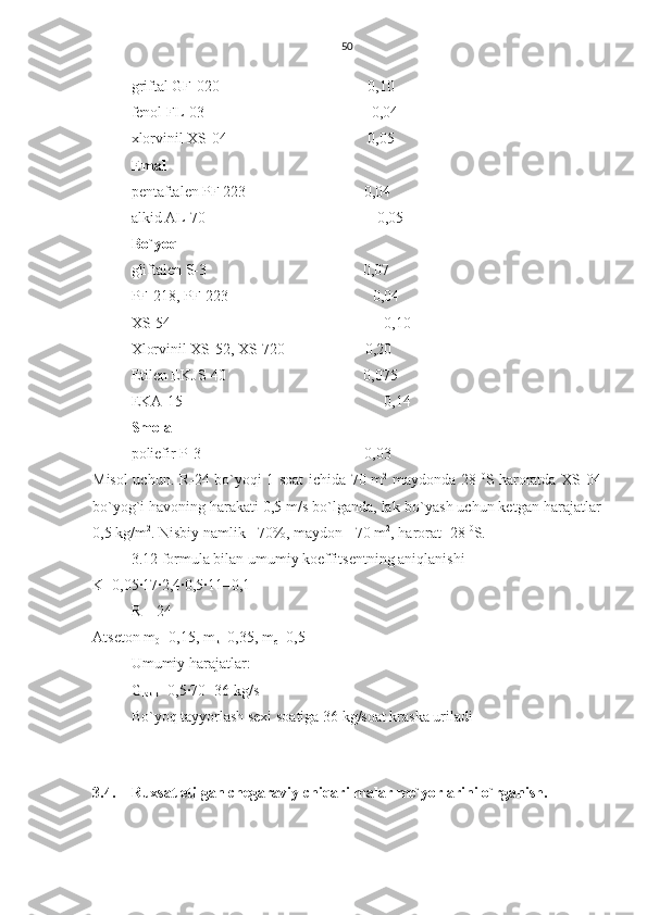 50
griftal GF-020                                       0,10
fenol FL-03                                            0,04
xlorvinil XS-04                                     0,05  
Emal
pentaftalen PF 223                               0,04
alkid AL-70                                             0,05
Bo`yoq  
gliftalen S-3                                         0,07
PF-218, PF-223                                      0,04
XS-54                                                        0,10
Xlorvinil XS-52, XS-720                     0,20
Etilen EKJS-40                                    0,075
EKA-15                                                     0,14
Smola 
poliefir P-3                                           0,03
Misol uchun. R-24 bo`yoqi 1 soat ichida 70 m 2
  maydonda 28   0
S haroratda XS-04
bo`yog`i havoning harakati 0,5 m/s bo`lganda, lak-bo`yash uchun ketgan harajatlar
0,5 kg/m 2
. Nisbiy namlik - 70%, maydon - 70 m 2
, harorat -28  0
S.
3.12 formula bilan umumiy koeffitsentning aniqlanishi
K=0,05∙17∙2,4∙0,5∙11=0,1
R – 24
Atseton m
0 =0,15, m
k =0,35, m
c =0,5
Umumiy harajatlar: 
G
lak.k =0,5∙70=36 kg/s 
Bo`yoq tayyorlash sexi soatiga 36 kg/soat kraska uriladi
 
3.4. Ruxsat etilgan chegaraviy chiqarilmalar me`yorlarini o`rganish. 