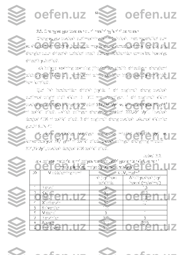 53
3.6. C h ang va gaz tozalash qurilmasining ishini baholash
C h ang va gaz tozalash qurilmasining ishini baholash. Inert materiallari qum
va shag`al toshni quritish barabanida mayda chang zarrachalari hosil bo`ladi. S h u
changlar   tutun   chiqarish   turbalari   orqali   quritish   barabanidan   atmosfera   havosiga
chiqarib yuboriladi. 
Lak-bo`yoq   sexining   texnolog   jihozlaridan   ajralib   chiqadigan   changlarni
talab   qilingan   RECHCH     normalarini   ta`minlash   bilan   birga   iqtisodiy   tomonidan
ham ko`riladi.
Quri   lish   barabanidan   chiqish   joyida   1   chi   pog`onali   chang   tozalash
qurilmasi   to`g`ri   o`qli   siklon   D=   700   mm   o`rnatilgan.   1   chi   pog`onali   siklon
tozalashga kiradigan changning miqdori 557,384 t/yil va konsentratsiyasi  64 g/m 3
ni   tashkil   qiladi.   Ushlab   qolingan   changning   miqdori   222,954   t/yil.   Tozalash
darajasi   40%   ni   tashkil   qiladi.   2   chi   pog`onali   chang   tozalash   uskunasi   siklonlar
guruhi SUN-40
[4]   dona   tozalashga   kiradigan   changning   miqdori   338,212   t/yil   va
konsentratsiyasi 38,4 g/m 3
  ni tashkil qiladi. Ushlab qolingan changning miqdori –
304,39 t/yil, tozalash darajasi 90% tashkil qiladi.  
Jadval 3.2.
Lak-bo`yoq materiallarni bo`yashda chiquvchi gazlar tarkibi, zaharli
moddalarning me`yoriy konsentratsiyasi
№ Moddalarning nomi REM, mg/m 3
Ish joyi havo
tarkibida Aholi yashash joyi
havosi (maksimal)
1 Benzol 5 1,5
2 Ksilol 50 0,2
3 Toluol 50 0,5
4 Xlorbenzin 50 0,1
5 Solventlar 100 -
6 Metanol 5 1
7 Benzinlar 300 5
8 Atseton 200 0,35
9 Butilatsetat 200 0,1 