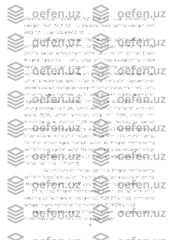 erkaklarda tepa jag’ning alveolyar o’sig’i 713,8±4,2 HU, ayollarda tepa jag’ning
alveolyar   o’sig’i   691,6±3,2   HU;   erkaklarda   pastki   jag’ning   alveolyar   qismi
977,5±4,6 HU, ayollarda v 894,2±3,6 HU.
O'tkir   tepa   jag’ning   alveolyar   o’sig’i   va   pastki   jag’ning   alveolyar   qismi
atrofiyasi   bilan   qisman   yoki   to'liq   tishlari   bo'lmagan   bemorlarni   kompleks
jarrohlik   davolash   samaradorligini   oshirish   uchun   biz   omil   tahlilidan   (Factor
Analysis)   foydalandik.         Ushbu   turdagi   tahlil   bizga   xususiyatlarning   ob'ektiv
ravishda   mavjud   bo'lgan   korrelyatsion   munosabatlariga   asoslanib,   operatsiya
usulini   tanlashga   ta'sir   qiluvchi   va   ko'p   yo'nalishli   ko'rsatkichlarga   ega   bo'lgan
turli   xil   ko'rsatkichlarga   tegishli   bo'lgan   ko'plab   boshlang'ich   o'zgaruvchilardan
terapevtik taktikani belgilaydigan asosiy omillarni aniqlashga imkon berdi. Ushbu
omillarning   suyak   plastmassa   usulini   tanlashga   ta'siri   bo'yicha   taqsimlanishi
"suyakning   dastlabki   parametrlari"   omilining   eng   katta   qiymatini   ko'rsatdi-
umumiy dispersiyaning 31,9%, "ta'sir qiluvchi omillar" ning ikkinchi komponenti
estetika   26,4%,   uchinchi   komponent   tibbiy   omil   14,6%,   to'rtinchi   omil
Komorbidiyalar   va   sharoitlar   11,3%   shunga   ko'ra.   Natijada,   biz   davolash
samaradorligiga   boshqaruv   ta'sirining   ustuvorligini   ta'kidlash   imkoniyatiga   ega
bo'lgan sodda va oson talqin qilinadigan omil tuzilishini oldik.Umuman olganda,
biz   ishlab   chiqqan   suyak   plastikasi   usullari   va   Shnayder   membranasining
teshilishini   plastik   yopish   usullari   679   bemorda   948   ta   rekonstruksiyani   amalga
oshirdi (har bir bemor uchun o'rtacha 1,4 ta rekonstruksiya), ulardan (VI guruhni
hisobga olgan holda – 116 bemor):
              Ikki   tomonlama   slni   hisobga   olgan   holda   Shneyder   membranasining
teshilishini bartaraf etish usullari 116 ta holat qo'llanilgan: v guruhda 74 bemorda
-85 ta plastik nuqson yopilishi va VI guruhda – 31 ta holatda. 39,7 da%
(46   ta   holat)   Shneyder   membranasidagi   nuqson   tepa   jag’   sinisi   shilliq
qavatining dublikatini yaratish orqali yopiladi; 36,2% (42 ta holat) - trombotsitlar
kamaygan plazma membranasi bilan muhrlangan; 24,1% (28 ta holat)
suyak   demineralizatsiya   qilingan   kollagen   va   sgag   asosida
bioresorbsiyalangan membrana bilan izolyatsiya qilingan.
83 