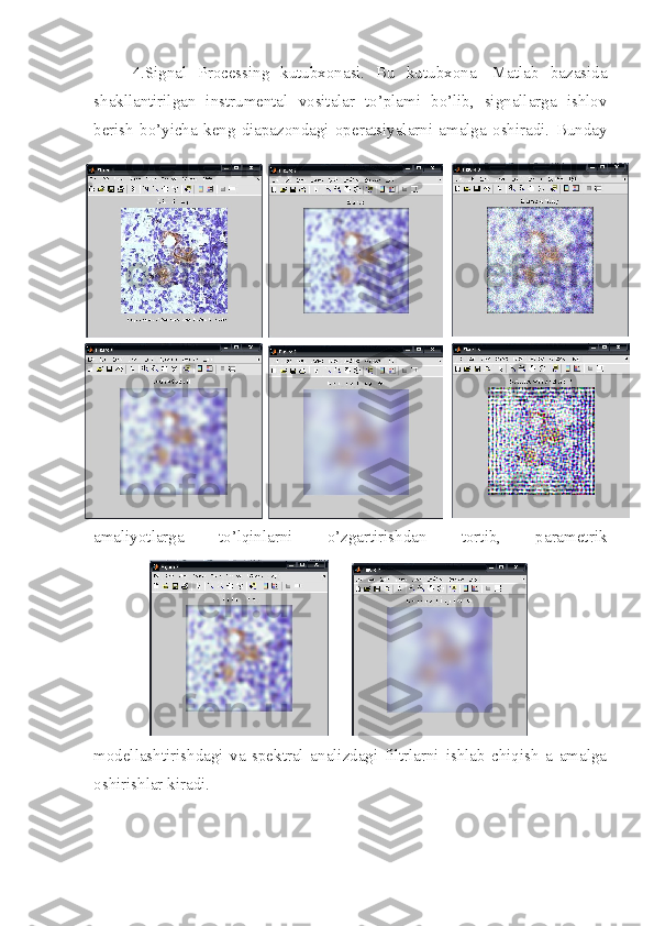 4.Signal   Processing   kutubxonasi.   Bu   kutubxona-   Matlab   bazasida
shakllantirilgan   instrumental   vositalar   to’plami   bo’lib,   signallarga   ishlov
berish   bo’yicha   keng   diapazondagi   operatsiyalarni   amalga   oshiradi.   Bunday
amaliyotlarga   to’lqinlarni   o’zgartirishdan   tortib,   parametrik
modellashtirishdagi   va   spektral   analizdagi   filtrlarni   ishlab   chiqish   a   amalga
oshirishlar kiradi. 