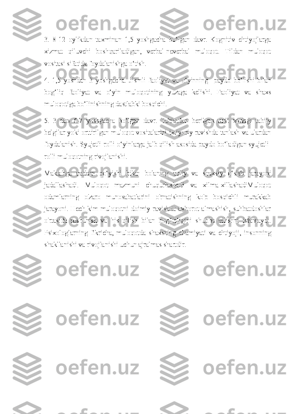 3.   8-12   oylikdan   taxminan   1,5   yoshgacha   bo‘lgan   davr.   Kognitiv   ehtiyojlarga
xizmat   qiluvchi   boshqariladigan,   verbal-neverbal   muloqot.   Tildan   muloqot
vositasi sifatida foydalanishga o‘tish.
4.   1,5   yoshdan   3   yoshgacha.   Jismli   faoliyat   va   o‘yinning     paydo   bo‘lishi   bilan
bog‘liq   faoliyat   va   o‘yin   muloqotining   yuzaga   kelishi.   Faoliyat   va   shaxs
muloqotiga bo‘linishning dastlabki bosqichi.
5.   3   dan   6-7   yoshgacha   bo‘lgan   davr.   Tabiatdan   berilgan   turli   xildagi   tabiiy
belgilar yoki orttirilgan muloqot vositalarini ixtiyoriy ravishda tanlash va ulardan
foydalanish. Syujetli-rolli o‘yinlarga jalb qilish asosida paydo bo‘ladigan syujetli-
rolli muloqotning rivojlanishi.
Maktabga   qadam   qo‘yishi   bilan   bolaning   aqliy   va   shaxsiy   o‘sish   jarayoni
jadallashadi.   Muloqot   mazmuni   chuqurlashadi   va   xilma-xillashadiMuloqot
odamlarning   o'zaro   munosabatlarini   o'rnatishning   ko'p   bosqichli   murakkab
jarayoni. Hech kim muloqotni doimiy ravishda axborot almashish, suhbatdoshlar
o'rtasida   tushunish   va   his   qilish   bilan   bog'liqligini   shubha   qilishni   istamaydi.
Psixologlarning   fikricha,   muloqotda   shaxsning   ahamiyati   va   ehtiyoji,   insonning
shakllanishi va rivojlanishi uchun ajralmas shartdir. 