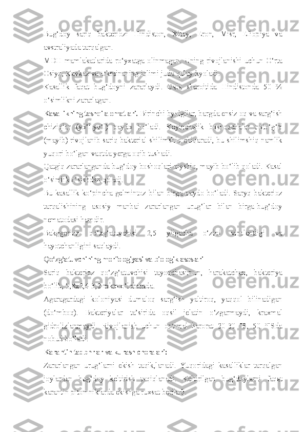 Bug‘doy   sariq   bakteriozi   Hindiston,   Xitoy,   Eron,   Misr,   Efiopiya   va
avstraliyada tarqalgan.
MDH   mamlakatlarida   ro‘yxatga   olinmagan.   Uning   rivojlanishi   uchun   O‘rta
Osiyo, Kavkaz va Ukrainaning iqlimi juda qulay kyoladi.
Kasallik   faqat   bug‘doyni   zararlaydi.   Dala   sharoitida   Hindistonda   50   %
o‘simlikni zararlagan.
Kasallikning tashqi alomatlari.  Birinchi byolgilar, bargda ensiz oq va sarg‘ish
chiziqlar   (yo‘l-yo‘l)   paydo   bo‘ladi.   Keyinchalik   boshoqchalar   noto‘g‘ri
(mayib) rivojlanib sariq bakterial shilimshiq chiqaradi, bu shilimshiq namlik
yuqori bo‘lgan vaqtda yerga oqib tushadi.
Qatgiq zararlanganda bug‘doy boshoqlari qiyshiq, mayib bo‘lib qoladi. Kasal
o‘simlik o‘sishdan qoladi.
Bu  kasallik  ko‘pincha  gelmintoz  bilan  birga  paydo  bo‘ladi.  Saryq  bakterioz
tarqalishining   asosiy   manbai   zararlangan   urug‘lar   bilan   birga-bug‘doy
nematodasi hamdir.
Bakggerioz   qo‘zg‘atuvchisi   2,5   yilgacha   o‘zini   virulentligi   va
hayotchanligini saqlaydi.
Qo‘zg‘atuvchining morfologiyasi va biologik asoslari
Sariq   bakterioz   qo‘zg‘atuvchisi   tayoqchasimon,   harakatchan,   bakteriya
bo‘lib, 0,8x2,4-3,2 mkm o‘lchamda.
Agaragardagi   koloniyasi   dumaloq   sarg‘ish   yaltiroq,   yaqqol   bilinadigan
(do‘mboq).   Bakteriyalar   ta’sirida   oqsil   jelatin   o‘zgarmaydi,   kraxmal
gidrolizlanmaydi.   Rivojlanish   uchun   optimal   harorat   20-30   °S,   50   °"Sda
nobud bo‘ladi.
Karantin tadbnrlar va kurash choralari:
Zararlangan   urug‘larni   ekish   taqik,lanadi.   Yuqoridagi   kasalliklar   tarqalgan
joylardan   bug‘doy   keltirish   taqiqlanadi.   Keltirilgan   bug‘doylarni   faqat
karantin pitomniklarda ekishga ruxsat beriladi. 