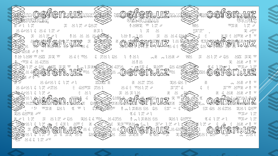 OILADA  AXLOQIY  MUNOSABATLARNI  SHAKLLANTIRISH  DARAJASINI  O‘RGANISH  YUZASIDAN 
SO‘ROVNOMA(  OTA-ONALAR  UCHUN)
SIZNING  OILANGIZDAGI  MAVQEYINGIZ  VA  YOSHINGIZ.
FARZANDLARINGIZ  SONI  NECHTA  (O‘G‘IL,  QIZ)?
SIZ  OILANGIZNI  MAHALALARDAGI  NA’MUNALI  OILALARDAN  DEB  HISOBLAYSIZMI?
SIZ  FARZANDLARINGIZGA  OTA-ONA  SIFATIDA  SHAXSIY  NAMUNA  KO‘RSATA  OLASIZMI?
MAHALLA  MASLAHATCHILARI  BILAN  FARZANDINGIZNI  TARBIYALASHDA  MASLAHAT  OLIB  
TURASIZMI?
MA’NAVIY-AXLOQIY  TARBIYA  DEGANDA  NIMANI  TUSHUNASIZ  VA  OILANGIZDA  AXLOQIY 
ME’YORLARGA  AMAL  QILASIZMI?
OILANGIZDA  AXLOQIY  MUNOSABATLARGA  E’TIBOR  QAY  DARAJADA?  FIKRINGIZNI  YOZING
SIZ FARZANDINGIZGA TARBIYA BERISHDA UNING YOSH XUSUSIYATLARI VA XARAKTERINI HISOBGA 
OLASIZMI?
SIZ  FARZANDINGIZNI  XOXISH  ISTAGIGA  QARAB  ISH  TUTASIZMI?
FARZANDINGIZGA  BERAYOTGAN  TARBIIYANGIZ  TO‘G‘RI  DEB  O‘YLAYSIZMI?
FARZANDINGIZ  BILAN  OTA-ONA  SIFATIDA  SIRLASHASIZMI?
FARZANDINGIZNI  O‘SMIRLIK  DAVRI  SIZGA  QIYINCHILIK  TUG‘DIRGANMI?
“BOLAGA  5  YOSHGACHA  SHOHDAY  MUNOSABATDA  BO‘L,  5-12  YOSHGACHA  QULDAY  MUNOSABATDA 
BO‘L,  12  YOSHDAN  KEYIN  DO‘STDAY  MUNOSABATDA  BO‘L”-DEGAN  IBORALARGA  QANDAY 
QARAYSIZ?  FIKRINGIZNI  YOZING
SIZNING  OILANGIZDA  QADRIYATLARGA  MUNOSABAT  QANDAY?  FIKRINGIZNI  YOZING
FARZANDINGIZ  BIRON  AYB  ISH  QILIB  QO‘YSA  BUNI  O‘ZINGIZNI  XATONGIZ  DEB  BILASIZMI?
SIZ  OTA-ONALIK  BURCHLARINI  YETARLI  DARAJADA  BAJARAYAPMAN  DEB  O‘YLAYSIZMI?
FARZANDINGIZ  O‘RTOQLARI  DAVRASIDA  AXLOQSIZLIKKA  YOL  QO‘YSA  QANDAY  YO‘L  TUTGAN 
BO‘LARDINGIZ?  