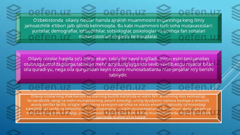 O’zbekistonda  oilaviy nizolar hamda ajralish muammosini o’rganishga keng ilmiy 
jamoatchilik e’tibori jalb qilinib kelinmoqda. Bu kabi muammoni turli soha mutaxassislari: 
yuristlar, demograflar, iqtisodchilar, sotsiologlar, psixologlar va boshqa fan sohalari 
mutaxasssislari o’rganib kelmoqdalar. 
Oilaviy nizolar haqida so’z borar ekan, tabiiy bir savol tug’iladi. Inson esini taniganidan 
otaonaga,atrofdagilarga,tabiatga mehr qo’yib,ulg’ayganda sevib-sevilib,ezgu niyatlar bilan 
oila quradi-yu, nega oila qurgandan keyin o’zaro munosabatlarda nizo-janjallar ro’y berishi 
tabiiydir. 
Oi lav i y  ni zol arning shak lla nishi v a ula rning buzilib k et ishida er-xot in fe’l- at v ori ning mos k elmasligi, 
farzandsizli k , sev gi v a mehr-muhabbat ning y et arl i ema sl igi, uning by udjet ini  oqilona boshqara olma sli k  
asosi y  om illar bo‘l ib, ro‘zg‘or i shl arining saranj om-sarisht a v a orast a ema sl igi , iqt isodiy  t a’m inot da gi  
k a mchili k la r, ra shk  v a ishonchsizl ik , ot a-onal arning er-xot in munosabat l ariga  arala shuv i, duny oqarash v a  
masl ak l arning nomuv ofi qli gi , j insiy  nomoslik  k abi omi llar ham oilav iy  munosabat l arda zi ddiy at la rni k el ib 
chiqarishda muhim o‘rin t ut adi  