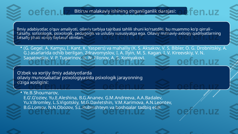 Ilmiy adabiyotlar, o'quv amaliyoti, oilaviy tarbiya tajribasi tahlili shuni ko'rsatdiki, bu muammo ko'p qirrali - 
falsafiy, sotsiologik, psixologik, pedagogik va uslubiy xususiyatga ega. Oilaviy ma'naviy-axloqiy qadriyatlarning 
falsafiy jihati xorijiy faylasuf olimlari :
•
(G. Gegel, A. Kamyu, I. Kant, K. Yaspers) va mahalliy (K. S. Aksakov, V. S. Bibler, O. G. Drobnitskiy, A. 
G.) asarlarida ochib berilgan. Zdravomyslov, I. A. Ilyin, M. S. Kagan, I. V. Kireevskiy, V. N. 
Sagatovskiy, V. P. Tugarinov, G. N. Filonov, A. S. Xomyakov).
O’zbek va xorijiy ilmiy adabiyotlarda
oilaviy munosabatlar psixologiyasida psixologik jarayonning
o’ziga xosligini :
•
Ye.B.Shoumarov,
E.Gʼ.Gʼoziev, Yu.E.Аleshina, B.G.Аnanev, G.M.Аndreeva, А.А.Badalev,
Yu.V.Bromley, L.S.Vigotskiy, M.G.Davletshin, V.M.Karimova, А.N.Leontev,
B.G.Lomov, N.N.Obozov, S.L.Rubinshteyn va boshqalar tadbiq et di.  Bitiruv malakaviy ishining o’rganilganlik darajasi : 