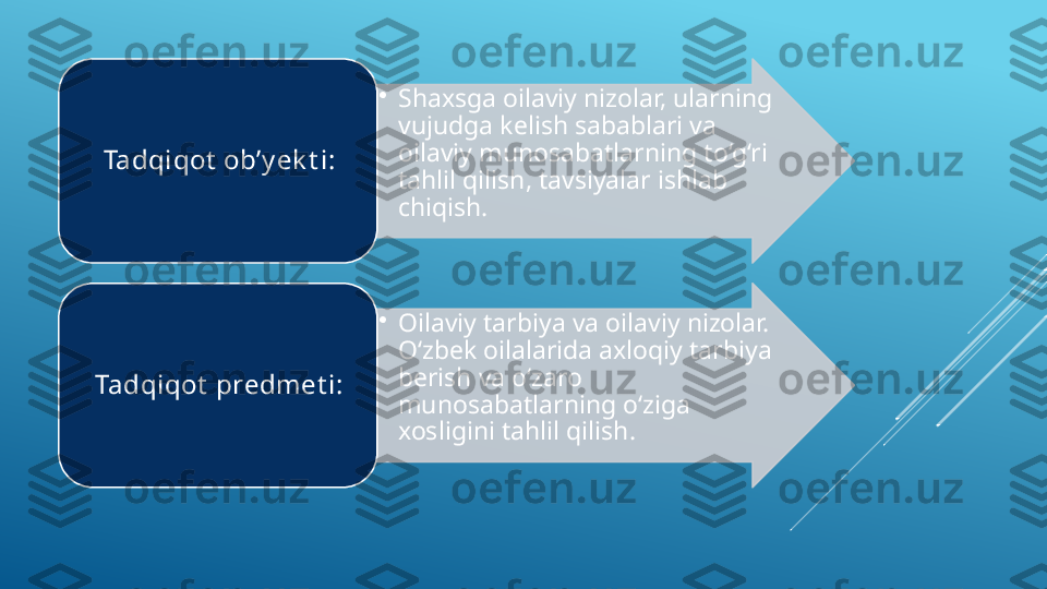 •
Shaxsga oilaviy nizolar, ularning 
vujudga kelish sabablari va 
oilaviy munosabatlarning to‘g‘ri 
tahlil qilish, tavsiyalar ishlab 
chiqish.Tadqiqot  ob’y ek t i: 
•
Oilaviy tarbiya va oilaviy nizolar. 
O‘zbek oilalarida axloqiy tarbiya 
berish va o‘zaro 
munosabatlarning o‘ziga 
xosligini tahlil qilish.Tadqiqot  predmet i:      