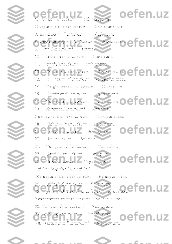 6.  Ninachilar turkumi —  Odonatoptera 
Ortopteroidlar bosh turkumi —  Orlhopteroidea
7.   Suvaraksimoilar turkumi —  Blatloptera
8. Beshiktervaqimonlar turkumi —  Manteoptera
9.   Termitlar turkumi —  Isoptera
10.   Ba h orikorlar turkumi —  Plesoptera
11.  e mbiylar turkumi — e mbioptera
12.   Grilloblattidlar turkumi —  Grylloblattida
13.   CH o’ psimonlar turkumi —  Phasmatoptera
14.  To’g’ri qanotlilar turkumi —  Orthoptera
15.   Gemimeridlar turkumi —  IIyemimerida
16.   Teri qanotlilar turkumi —  Dermaptera
17.  Zorapteralar turkumi —  Zoraptera 
Gemipteroidlar bosh turkumi —  Hemipteroidea
18.  Pichanxo’rlar turkumi —  Psesoptera 
19.  Parxo’rlar turkumi —  Mallophaga
20.   Bitlar turkumi —  Anoplura
21.   Teng qanotlilar turkumi —  Tomoplera
22.  Q andalalar turkumi —  Hemiptera
23.  Tripslar turkumi —  Thysanopteia 
To’liq o’zgarishlilar bo’limi
 Koleopteroidlar bosh turkumi —  Soleopteroidea
24.  Qo’ng’izlar turkumi —  Soleoptera
25.  yelpig’ich qanotlilar turkumi —  Strepsitera 
Neyropteroidlar bosh turkumi— Neuropleoidea
26 .    To’rqanotlilar turkumi —  Neuroptera
27. Bo’ taloqlar turkumi —  Raphidioptera
          28.  Katta  qanotlilar turkumi —  Megaloptera 