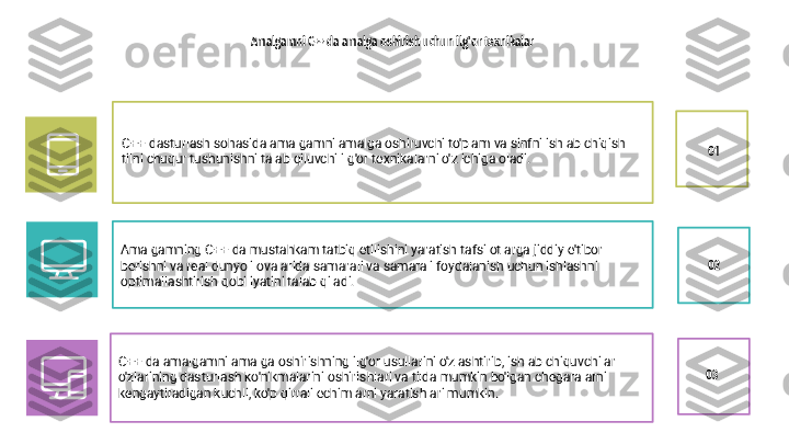 Amalgamni C++ da amalga oshirish uchun ilg'or texnikalar
C++ dasturlash sohasida amalgamni amalga oshiruvchi to'plam va sinfni ishlab chiqish 
tilni chuqur tushunishni talab qiluvchi ilg'or texnikalarni o'z ichiga oladi. 01
02
03Amalgamning C++ da mustahkam tatbiq etilishini yaratish tafsilotlarga jiddiy e'tibor 
berishni va real dunyo ilovalarida samarali va samarali foydalanish uchun ishlashni 
optimallashtirish qobiliyatini talab qiladi.
C++ da amalgamni amalga oshirishning ilg'or usullarini o'zlashtirib, ishlab chiquvchilar 
o'zlarining dasturlash ko'nikmalarini oshirishlari va tilda mumkin bo'lgan chegaralarni 
kengaytiradigan kuchli, ko'p qirrali echimlarni yaratishlari mumkin. 