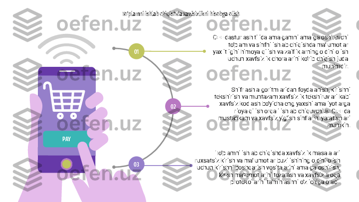 To'plamni ishlab chiqishda xavfsizlikni hisobga olish
C++ dasturlash tilida amalgamni amalga oshiruvchi 
to'plam va sinfni ishlab chiqishda ma'lumotlar 
yaxlitligini himoya qilish va zaifliklarning oldini olish 
uchun xavfsizlik choralarini ko'rib chiqish juda 
muhimdir.
To'plamni ishlab chiqishda xavfsizlik masalalari 
ruxsatsiz kirish va ma'lumotlar buzilishining oldini olish 
uchun kirishni boshqarish vositalarini amalga oshirish, 
kirish ma'lumotlarini tozalash va xavfsiz aloqa 
protokollarini ta'minlashni o'z ichiga oladi.01
03 02 Shifrlash algoritmlaridan foydalanish, kirishni 
tekshirish va muntazam xavfsizlik tekshiruvlari kabi 
xavfsiz kodlash bo'yicha eng yaxshi amaliyotlarga 
rioya qilish orqali ishlab chiquvchilar C++ da 
mustahkam va xavfsiz yig'ish sinflarini yaratishlari 
mumkin.
PAY 