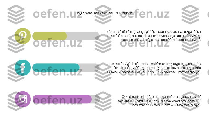 To'plam darslarida hamkorlik va kengayish
C++ dasturlash tilida amalgamni amalga oshiruvchi 
to'plam va sinfni ishlab chiqish ma'lumotlarni samarali 
boshqarish uchun kuchli vositani ta'minlaydi.Hamkorlik yig'ish sinflarida muhim ahamiyatga ega, chunki u 
ishlab chiquvchilarga umumiy kodlar bazasida birgalikda 
ishlashga imkon beradi, bu izchillik va muvofiqlikni ta'minlaydi. To'plam sinflarining kengaytirilishi oson sozlash va o'zgartirish 
imkonini beradi, bu esa ishlab chiquvchilarga kodni o'zlarining 
maxsus ehtiyojlariga moslashtirishni osonlashtiradi. 