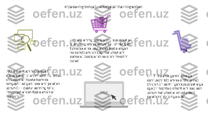 To'plamlarning boshqa C++ xususiyatlari bilan integratsiyasi
SHOP C++ tilida amalgamni amalga 
oshiruvchi to'plam va sinfni ishlab 
chiqish birlashtirilgan xususiyatlarga 
ega bir nechta elementlarni saqlash 
uchun ma'lumotlar strukturasini 
yaratishni o'z ichiga oladi.To'plamlarning boshqa C++ xususiyatlari 
bilan integratsiyalashuvi turli o'rnatilgan 
funksiyalar va usullardan foydalangan 
holda to'plam ichidagi ma'lumotlarni 
samarali boshqarish va olish imkonini 
beradi.
To'plamlar kuchini boshqa til 
xususiyatlari bilan birlashtirib, ishlab 
chiquvchilar mustahkam va 
kengaytiriladigan ilovalarni yaratish 
uchun C++ dasturlashning to'liq 
imkoniyatlaridan foydalanishlari 
mumkin. 