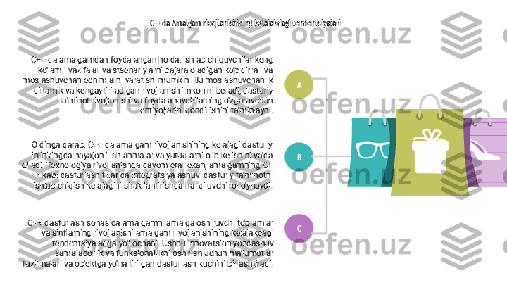 C++ da Amalgam rivojlanishining kelajakdagi tendentsiyalari
C++ dasturlash sohasida amalgamni amalga oshiruvchi to'plamlar 
va sinflarning rivojlanishi amalgam rivojlanishining kelajakdagi 
tendentsiyalariga yo'l ochadi. Ushbu innovatsion yondashuv 
samaradorlik va funksionallikni oshirish uchun ma'lumotlar 
tuzilmalari va ob'ektga yo'naltirilgan dasturlash kuchini birlashtiradi. C++ da amalgamdan foydalangan holda, ishlab chiquvchilar keng 
ko'lamli vazifalar va stsenariylarni bajara oladigan ko'p qirrali va 
moslashuvchan echimlarni yaratishi mumkin. Bu moslashuvchanlik 
dinamik va kengaytiriladigan rivojlanish imkonini beradi, dasturiy 
ta'minot rivojlanishi va foydalanuvchilarning o'zgaruvchan 
ehtiyojlarini qondirishini ta'minlaydi.
Oldinga qarab, C++ da amalgam rivojlanishining kelajagi dasturiy 
injiniringda hayajonli ishlanmalar va yutuqlarni olib kelishini va'da 
qiladi. Texnologiya rivojlanishda davom etar ekan, amalgamning C+
+ kabi dasturlash tillarida integratsiyalashuvi dasturiy ta'minotni 
ishlab chiqish kelajagini shakllantirishda hal qiluvchi rol o'ynaydi.
CBA 