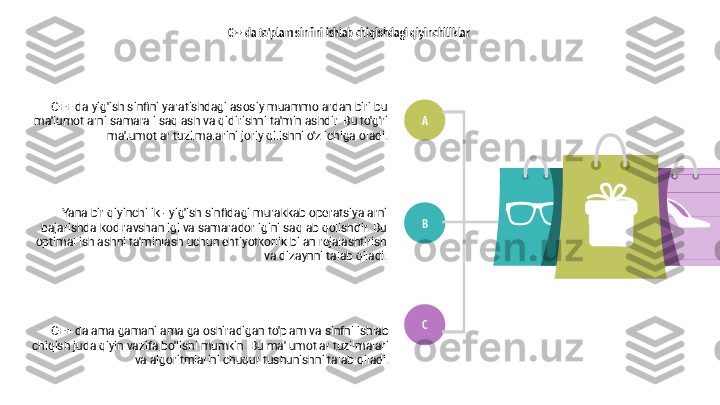 C++ da to'plam sinfini ishlab chiqishdagi qiyinchiliklar
C++ da amalgamani amalga oshiradigan to'plam va sinfni ishlab 
chiqish juda qiyin vazifa bo'lishi mumkin. Bu ma'lumotlar tuzilmalari 
va algoritmlarini chuqur tushunishni talab qiladi.C++ da yig'ish sinfini yaratishdagi asosiy muammolardan biri bu 
ma'lumotlarni samarali saqlash va qidirishni ta'minlashdir. Bu to'g'ri 
ma'lumotlar tuzilmalarini joriy qilishni o'z ichiga oladi.
Yana bir qiyinchilik - yig'ish sinfidagi murakkab operatsiyalarni 
bajarishda kod ravshanligi va samaradorligini saqlab qolishdir. Bu 
optimal ishlashni ta'minlash uchun ehtiyotkorlik bilan rejalashtirish 
va dizaynni talab qiladi.
CBA 