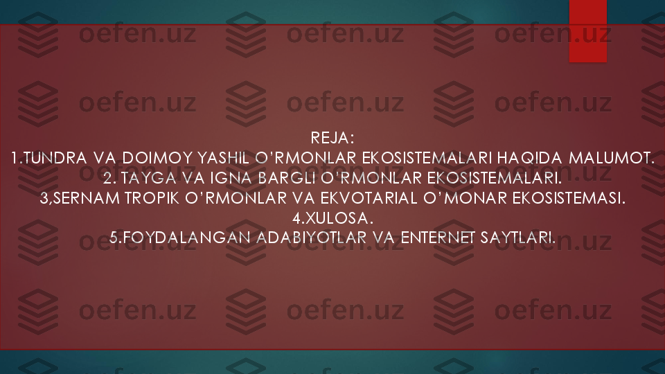 REJA:	
1.TUNDRA VA DOIMOY YASHIL O’RMONLAR EKOSISTEMALARI HAQIDA MALUMOT.	
2. TAYGA VA IGNA BARGLI O’RMONLAR EKOSISTEMALARI.	
3,SERNAM TROPIK O’RMONLAR VA EKVOTARIAL O’MONAR EKOSISTEMASI.	
4.XULOSA.	
5.FOYDALANGAN ADABIYOTLAR VA ENTERNET SAYTLARI.  