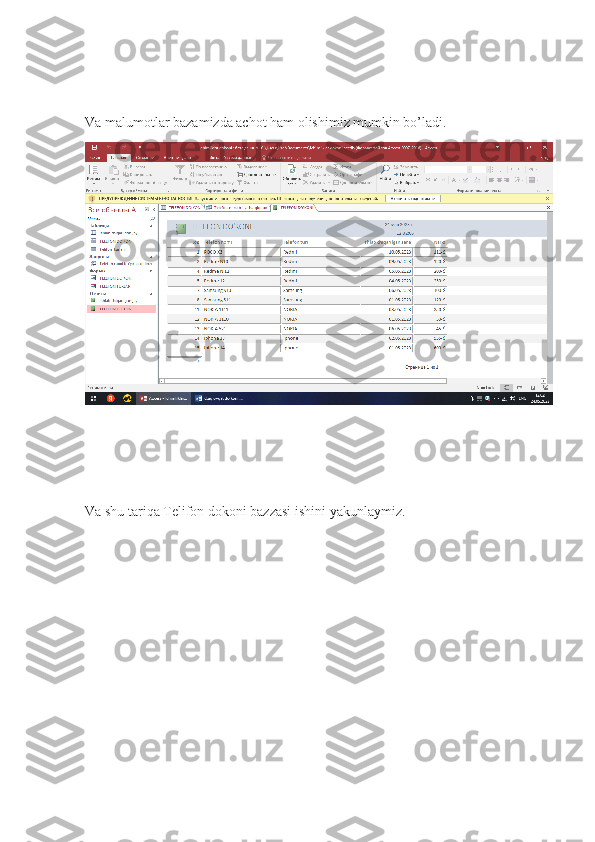 Va malumotlar bazamizda achot ham olishimiz mumkin bo’ladi.
Va shu tariqa Telifon dokoni bazzasi ishini yakunlaymiz. 