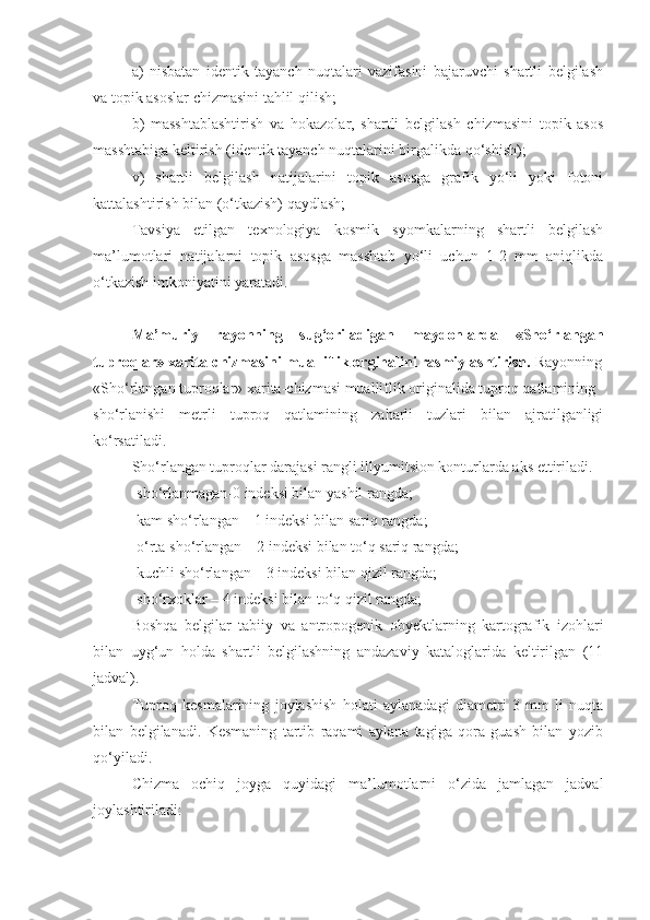 a)   nisbatan   identik   tayanch   nuqtalari   vazifasini   bajaruvchi   shartli   belgilash
va topik asoslar chizmasini tahlil qilish;
b)   masshtablashtirish   va   hokazolar,   shartli   belgilash   chizmasini   topik   asos
masshtabiga keltirish (identik tayanch nuqtalarini birgalikda qo‘shish);
v)   shartli   belgilash   natijalarini   topik   asosga   grafik   yo‘li   yoki   fotoni
kattalashtirish bilan (o‘tkazish) qaydlash;
Tavsiya   etilgan   texnologiya   kosmik   syomkalarning   shartli   belgilash
ma’lumotlari   natijalarni   topik   asosga   masshtab   yo‘li   uchun   1-2   mm   aniqlikda
o‘tkazish imkoniyatini yaratadi.
Ma’muriy   rayonning   sug‘oriladigan   maydonlarda   «Sho‘rlangan
tuproqlar» xarita-chizmasini mualliflik orginalini rasmiylashtirish.  Rayonning
«Sho‘rlangan tuproqlar» xarita-chizmasi mualliflik originalida tuproq qatlamining
sho‘rlanishi   metrli   tuproq   qatlamining   zaharli   tuzlari   bilan   ajratilganligi
ko‘rsatiladi.
Sho‘rlangan tuproqlar darajasi rangli illyumitsion konturlarda aks ettiriladi.
-sho‘rlanmagan-0 indeksi bilan yashil rangda;
-kam sho‘rlangan – 1 indeksi bilan sariq rangda;
-o‘rta sho‘rlangan – 2 indeksi bilan to‘q sariq rangda;
-kuchli sho‘rlangan – 3 indeksi bilan qizil rangda;
-sho‘rxoklar – 4 indeksi bilan to‘q qizil rangda;
Boshqa   belgilar   tabiiy   va   antropogenik   obyektlarning   kartografik   izohlari
bilan   uyg‘un   holda   shartli   belgilashning   andazaviy   kataloglarida   keltirilgan   (11
jadval).
Tuproq   kesmalarining   joylashish   holati   aylanadagi   diametri   3   mm   li   nuqta
bilan   belgilanadi.   Kesmaning   tartib   raqami   aylana   tagiga   qora   guash   bilan   yozib
qo‘yiladi.
Chizma   ochiq   joyga   quyidagi   ma’lumotlarni   o‘zida   jamlagan   jadval
joylashtiriladi: 