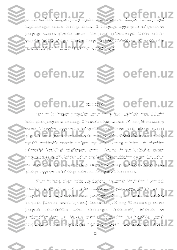 jamoat   xavflilik   darajasi,   jinoiy   niyatni   amalga   oshirish   darajasi   hamda   jinoyat
tugallanmagan   holatlar   hisobga   olinadi.   2.   Jinoyatga   tayyorgarlik   ko‘rganlik   va
jinoyatga   suiqasd   qilganlik   uchun   o‘lim   jazosi   qo‘llanilmaydi.   Ushbu   holatlar
yuqorida   keltirib   o‘tilgan   Ukraina   Jinoyat   kodeksi   O‘zbekiston   JK   moddalarida
nazarda turtilgan holatlar o‘xshashlikni ko‘rsatmoqda. 
XULOSA
Tamom   bo‘lmagan   jinoyatlar   uchun   jinoiy   jazo   tayinlash   masalalalarini
tahlil qilish jarayonida amaldagi O‘zbekiston Respublikasi  JK ning 58-moddasiga
asosan   “Jinoyatga   tayyorgarlik   ko‘rganlik   hamda   jinoyat   sodir   etishga   suiqasd
qilganlik uchun  jazoning muddati   yoki  miqdori  ushbu  Kodeks  Maxsus   qismining
tegishli   moddasida   nazarda   tutilgan   eng   ko‘p   jazoning   to‘rtdan   uch   qismidan
oshmasligi   kerak”ligi   belgilangan,   ammo   Ukraina   Jinoyat   kodeksiga   asosan
jinoyatga tayyorgarlik ko‘rish uchun eng ko‘p jazo muddatining yarmidan, uchun
esa  uchdan ikki  qismidan oshmasligi  belgilangan. Jinoyatga  suiqasd  jinoyat  sodir
qilishga tayyorgarlik ko‘rishga nisbatan ijtimoiy xavfli hisoblanadi.
Shuni   inobatga   olgan   holda   quyidagicha   o‘zgartirish   kiritilishini   lozim   deb
hisoblaymiz: Birinchidan, JK ning 58-moddasida Jinoyatga tayyorgarlik ko‘rish va
jinoyat   sodir   qilishga   suiqasd   uchun   jazo   tayinlashning   alohida-alohida   tartibini
belgilash.   (Ukraina   davlati   tajribasi).   Ikkinchidan,   JK   ning   30-moddasiga   asosan
jinoyatda   ishtirokchilik   turlari   hisoblangan   Tashkilotchi,   dalolatchi   va
yordamchilar   ham   JK   Maxsus   qismida   bajaruvchini   javobgarlikka   tortish
belgilangan   moddasi   bo‘yicha   javobgarlikka   tortilishi   nazarda   tutilgan.   Ammo
32 