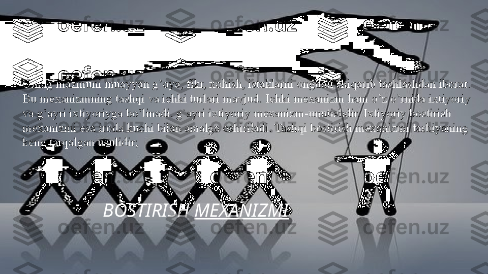 BOSTIRISH  MEXANIZMI  
U ning mazmuni muayyan g’oya, fikr, xohish, istaklarni ongdan chiqarib tashlashdan iborat. 
Bu mexanizmning tashqi va ichki turlari mavjud. Ichki mexanizm ham o’z o’rnida ixtiyoriy 
va g’ayri ixtiyoriyga bo’linadi. g`ayri ixtiyoriy mexanizm-unutishdir. Ixtiyoriy bostirish 
mexanizmi esa iroda kuchi bilan amalga oshiriladi. Tashqi bostirish mexanizmi tarbiyaning 
keng tarqalgan usulidir; 