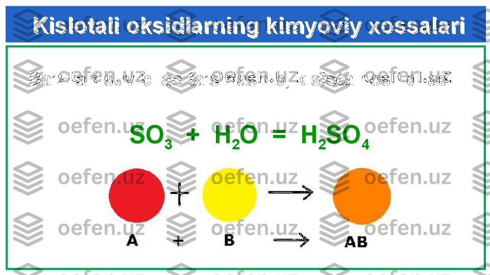 Ba’zilari suv bilan ta’sirlashib ,  kislota hosil qiladi : 
SO
3   +  H
2 O  =  H
2 SO
4
    CrO
3   +  H
2 O  =  H
2 CrO
4   
      Kislotali oksidlarning kimyoviy xossalariKislotali oksidlarning kimyoviy xossalari 