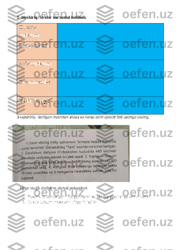 2- topshiriq. So'zlar ma'nosini izohlash.
Ot so'z 
turkumi
Shaxs otlari
So’z turkumi
Grammatika 
Morfologiya 
3-topshiriq. Berilgan matn dan shaxs va narsa otini ajratib ikki ustinga yozing.
   Uyga vazifa berish va darsni yakunlash 
1. Yasama ot qatnashgan 10ta gap tuzish va qanday yasalishiga etibor berish.
2. Ot so'z turkumi mavzusini o’rganib kelish 