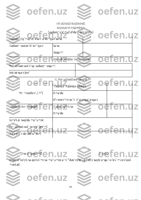 ER UChASTKASINING
KADASTR PASPORTI
(kadastr yig‘majildidan ko‘chirma)
Kadastr yig‘majildi shakllantirilgan sana
Kadastr pasporti berilgan Sana
Raqami
I. Manzil haqida ma’lumotlar
Yer uchastkasining kadastr raqami
Joylashgan joyi
II. Yer uchastkasi tavsifi
Yer maydoni, (m 2
) Huquqiy hujjatga asosan
Amalda
O‘zboshimchalik bilan egallangan
Foydalanish maqsadi Hujjat bo‘yicha
Amalda 
Servitut haqida ma’lumot
Yer uchastkasi bahosi (so‘m)
Ko‘p yillik daraxtlar soni
_______________________ _____________________________
(ijrochi lavozimi) (F.I.O.)
Obyekt bo‘yicha qo‘shimcha ma’lumotlarni “davreestr.uz” veb-sayti orqali olish imkoniyati 
mavjud.
25 