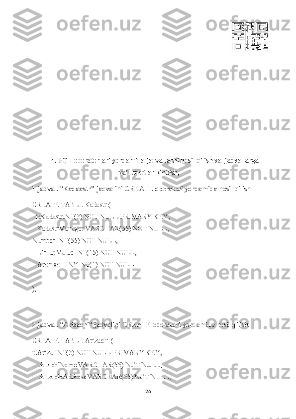 4. SQL operatorlari yordamida jadvallarni hosil qilish va  jadvallarga
ma’lumotlar kiritish,
1-jadval. “Kadaastr” jadvalini CREATE operatori yordamida hosil qilish
CREATE TABLE Kadastr (
idKadastrINT(3) NOT NULL PRIMARY KEY,
   KadastrManager VARCHAR(55) NOT NULL,
Number INT(55) NOT NULL,
    GroupValue INT(15) NOT NULL,
   Archive TINYINT(1) NOT NULL
);
2-jadval. “Arizachi” jadvalini CREATE operatori yordamida hosil qilish
CREATE TABLE Arizachi (
idAriza INT(3) NOT NULL PRIMARY KEY,
    AriachiName VARCHAR(55) NOT NULL,
    ArizachiAddress VARCHAR(55) NOT NULL,
26 