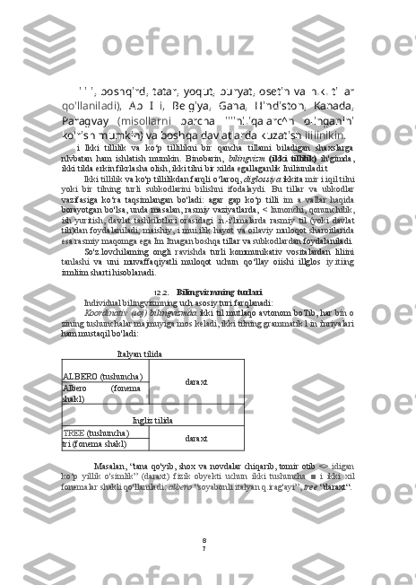 8
7lili i,   boshqird, tatar,   yoqut,   buryat,   osetin   va   h.k.   tillar
qo'llaniladi),   Ab   I   i,   Belgiya,   Gana,   Hindiston,   Kanada,
Paragvay   (misollarni   barcha   iiiini.iqalarc^n   olinganini
ko'rish mumkin) va boshqa davlatlarda kuzatish  iiiiinikin.
i   Ikki   tillilik   va   ko‘p   tillilikni   bir   qancha   tillami   biladigan   shaxslarga
nlvbatan   ham   ishlatish   mumkin.   Binobarin,   bilingvizm   (ikki   tillilik)   ih'gimda,
ikki  tilda  erkin fikrlasha olish, ikki tilni bir xilda egallaganlik Iniliuniladi.t
Ikki tillilik  va ko'p tillilikdan farqli o‘laroq,  diglossiya  ikkita  mir i.iqil tilni
yoki   bir   tilning   turli   subkodlarini   bilishni   ifodalaydi.   Bu   tillar   va   ubkodlar
vazifasiga   ko‘ra   taqsimlangan   bo'ladi:   agar   gap   ko‘p   tilli   im   a   vallar   haqida
borayotgan bo'lsa, unda masalan, rasmiy vaziyatlarda,   < liunonchi, qonunchilik,
ish   yuritish,   davlat   tashkilotlari   orasidagi   .n.-i'limalarda   rasmiy   til   (yoki   davlat
tili)dan foydalaniladi;  maishiy,   i mui. ilik hayot   va   oilaviy muloqot  sharoitlarida
esa  rasmiy maqomga ega Im Itnagan boshqa  tillar  va  subkodlardan  foydalaniladi.
So'z.lovchilaming   ongli   ravishda   turli   kommunikativ   vositalardan   liliini
tanlashi   va   uni   muvaffaqiyatli   muloqot   uchun   qo‘llay   oiishi   illglos   iy.itiing
irmliim sharti hisoblanadi.
12.2. Bilingvizmning turlari
Individual bilingvizmning  uch asosiy turi farqlanadi:
Koordinativ (soj)   bilingvizmáa   ikki   til   mutlaqo avtonom boTib, har   bin o
zining tushunchalar majmuyiga mos keladi, ikki tilning grammatik l in i'nriyalari
ham mustaqil bo'ladi:
Italyan tilida
ALBERO (tushuncha)
daraxt
Albero (fonema
shakl)
Ingliz tilida
TREE  (tushuncha)
daraxt
tri  (fonema  shakl)
Masalan,   “tana   qo'yib, shox va novdalar chiqarib, tomir otib   <> idigan
ko‘p   yillik   o'simlik”   (daraxt)   fizik   obyekti   uchun   ikki   tushuncha   ■   i   ikki   xil
fonemalar shakli qo'llaniladi:  albero  “soyabonli italyan q.irag'ayi”,  tree   “daraxt“. 