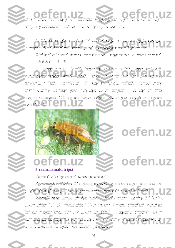 bilishi kerak entomofag yoki biopreparat ishlayotgandan keyin necha kundan keyin
kimyoviy preparatlarni qo’llash mumkinligini yoki aksincha. 
4.   G’o’za   va   g’alla   ekinlarini   zararli   organizmlardan   uyg’unlashgan
himoya qilish tizimini qo’llashda yangi texnologiyalardan foydalanish.
G’o’zani so’ruvchi zararkunandalari va ularga qarshi kurash choralari  
TAMAKI TRIPSI  
Bu   zararkunanda   o’simlik   bargining   shirasini   so’rib,   zarar   yetkazadi.
Zararlangan   barglar   yirtilib   ketadi.   Tanasi   cho’zinchoq   bo’lib,   to’q   sarg’ish
ranglarda   bo’ladi.   Lichinkalari   och   sarg’ish   rangda   bo’ladi.   Tamaki   tripisi
o’simliklarning   uchidagi   yosh   barglarga   tuxum   qo’yadi.   1   ta   urg’ochi   trips
rivojlanish   davrida   100   tagacha   tuxum   qo’yadi.   Butun   yoz   bo’yi   7   martagacha
avlod beradi. 
 
3-rasm.Tamaki tripsi  
Tamaki tripsiga qarshi kurash choralari  
Agrotexnik   tadbirlar:   G’o’zaning   chidamliligini   oshiradigan   choratadbirlar
(o’g’itlash, sug’orish, kultivasiya) trips zararini pasayishiga yordam beradi. 
Biologik   usul :   tamaki   tripsiga   qarshi   oltinko’z   entomofagining   3-4   kunlik
tuxumlaridan   1,0-1,20   nisbatlarida   10   kun   oralatib   2   marta   chiqariladi.   Zaruriyat
bo’lgan   maydonlarga   oltinko’z   tuxumidan   500-1000   tagacha   chiqarish   davom
ettiriladi;   tamaki   tripsi   tushgan   dalalarga   xon   qizi   qo’ng’izlari,   sirfid   pashshalari,
afidiidlar va boshqa foydali xasharotlarni jalb etish. 
16   