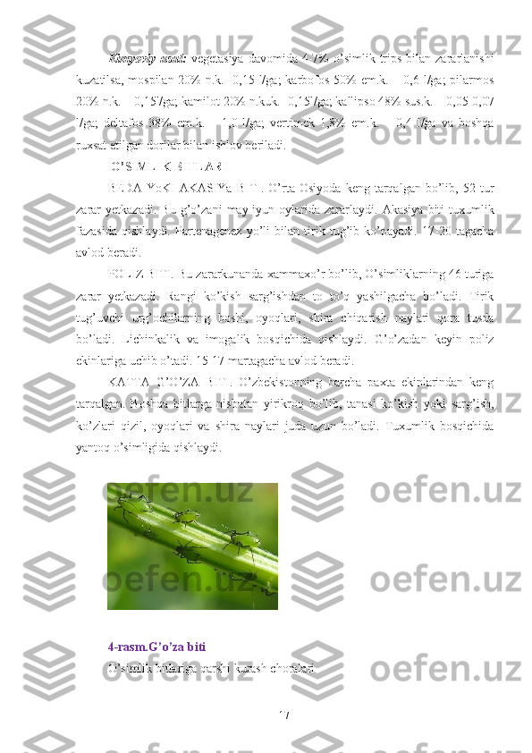 Kimyoviy  usul:   vegetasiya   davomida 4-7%  o’simlik trips  bilan zararlanishi
kuzatilsa, mospilan 20% n.k. -0,15 l/ga;  karbofos 50% em.k. – 0,6 l/ga; pilarmos
20% n.k. – 0,15l/ga; kamilot 20% n.kuk.- 0,15l/ga; kallipso 48% sus.k. – 0,05-0,07
l/ga;   deltafos   38%   em.k.   –   1,0   l/ga;   vertimek   1,8%   em.k.   –   0,4   l/ga   va   boshqa
ruxsat etilgan dorilar bilan ishlov beriladi. 
  O’SIMLIK BITLARI 
BEDA  YoKI   AKASIYa   BITI.   O’rta  Osiyoda   keng  tarqalgan   bo’lib,   52  tur
zarar   yetkazadi.   Bu   g’o’zani   may-iyun   oylarida   zararlaydi.   Akasiya   biti   tuxumlik
fazasida   qishlaydi.   Partenagenez   yo’li   bilan   tirik   tug’ib   ko’payadi.   17-20   tagacha
avlod beradi. 
POLIZ BITI. Bu zararkunanda xammaxo’r bo’lib, O’simliklarning 46 turiga
zarar   yetkazadi.   Rangi   ko’kish   sarg’ishdan   to   to’q   yashilgacha   bo’ladi.   Tirik
tug’uvchi   urg’ochilarning   boshi,   oyoqlari,   shira   chiqarish   naylari   qora   tusda
bo’ladi.   Lichinkalik   va   imogalik   bosqichida   qishlaydi.   G’o’zadan   keyin   poliz
ekinlariga uchib o’tadi. 15-17 martagacha avlod beradi. 
KATTA   G’O’ZA   BITI.   O’zbekistonning   barcha   paxta   ekinlarindan   keng
tarqalgan.   Boshqa   bitlarga   nisbatan   yirikroq   bo’lib,   tanasi   ko’kish   yoki   sarg’ish,
ko’zlari   qizil,   oyoqlari   va   shira   naylari   juda   uzun   bo’ladi.   Tuxumlik   bosqichida
yantoq o’simligida qishlaydi. 
 
 
 
4-rasm.G’o’za biti 
O’simlik bitlariga qarshi kurash choralari 
17 