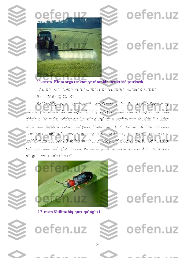  
11-rasm. Ekinzorga traktor yordamida insektisid purkash 
G’allani kemiruvchi zararkunandalari va qarshi kurash choralari  
ShILIMShIQ QURT  
Shilimshiq   qurt   kemiruvchi   zararkunanda   bo’lib,   Respublikamizning
barcha   g’allazorlarida   uchraydi.   Uning   qo’ng’izi   tuproqda   qishlaydi.   Bahorda
chiqib  qo’shimcha   oziqlangandan   so’ng   urg’ochisi   zanjirsimon  shaklda   3-7   tadan
qilib   200   tagacha   tuxum   qo’yadi.   Tuxumdan   7-14   kunda   lichinka   chiqadi.
Lichinkasi   ikki   hafta   davomida   barg   bilan   oziqlanib,   shilimshiq   qoplamasini
tashlab tuproqqa tushadi va 2-3 sm chuqurlikda g’umbakka aylanadi. Ikki haftadan
so’ng   pilladan   qo’ng’iz   chiqadi   va   bahorgacha   tuproqda   qoladi.   Shilimshiq   qurt
yiliga 1 marta avlod beradi. 
   
 12-rasm.Shilimshiq qurt qo’ng’izi 
26 