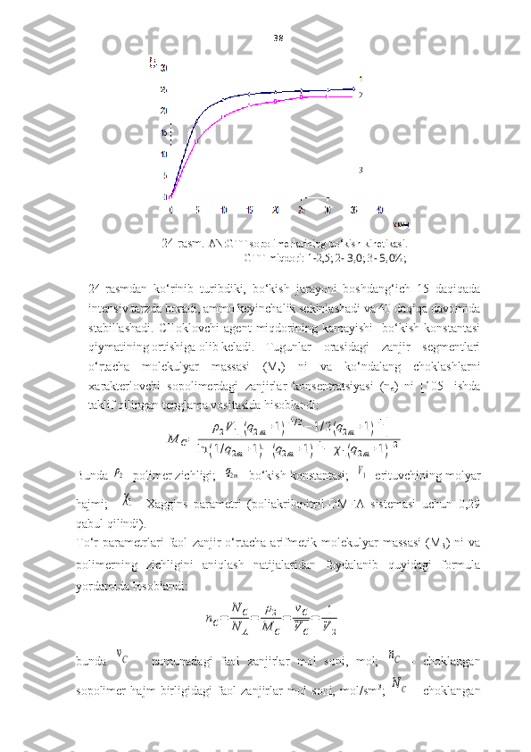 38
24-rasm.   AN:GTT sopolimerlarining bo‘kish kinetikasi.
GTT miqdori: 1 - 2,5; 2 - 3,0 ; 3 - 5,0 %;
24-rasmdan   ko‘rinib   turibdiki,   bo‘kish   jarayoni   boshdang‘ich   15   daqiqada
intensiv tarzda boradi, ammo keyinchalik sekinlashadi va 40 daqiqa davomida
stabillashadi.   CHoklovchi   agent   miqdorining   kamayishi     bo‘kish   konstantasi
qiymatining ortishiga olib keladi.   Tugunlar   orasidagi   zanjir   segmentlari
o‘rtacha   molekulyar   massasi   (M
s )   ni   va   ko‘ndalang   choklashlarni
xarakterlovchi   sopolimerdagi   zanjirlar   konsentratsiyasi   (n
c )   ni   [105]   ishda
taklif qilingan tenglama vositasida hisoblandi: M	C=	
ρ2V	1[(q2m+1)−1/3−	1/2(q2m+1)−1]	
ln	(1/q2m+1)−	(q2m+1)−1−	χ1(q2m+1)−2
Bunda 	
ρ2 - polimer zichligi;  	q2m - bo‘kish konstantasi;  	V1 - erituvchining molyar
hajmi;    	
χ1 -   Xaggins   parametri   (poliakrilonitril-DMFA   sistemasi   uchun   0,29
qabul qilindi).
To‘r   parametrlari   faol   zanjir   o‘rtacha   arifmetik   molekulyar   massasi   (M
S )   ni   va
polimerning   zichligini   aniqlash   natijalaridan   foydalanib   quyidagi   formula
yordamida hisoblandi:
bunda  	
νС   -   namunadagi   faol   zanjirlar   mol   soni,   mol;  	nC   -   choklangan
sopolimer   hajm   birligidagi   faol   zanjirlar   mol   soni,   mol/sm 3
;  
NC   -   choklangan	
nC=	
N	C	
N	A
=	
ρ2	
M	C
=	
νC
V	C
=	1
V	2 