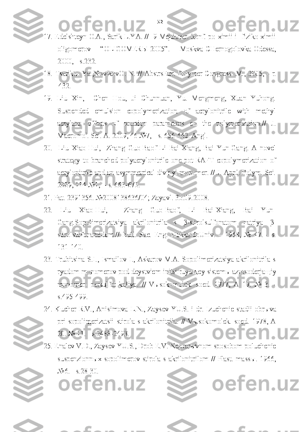 52
17. Edelshteyn O.A., Sarik L.YA. //   9-Mejdunar. konf. po ximii i   fiziko-ximii
oligomerov   “OLIGOMER Ы -2005”.   Moskva-CHernogolovka-Odessa,
200 0 ,  -  s.232. 
18. TsarikL. Ya.,NovikovO. N. //  AbstrsEur. Polymer  Congress.  M.,  2005,   -   r.
432.
19.   Liu   Xin,     Chen   Hou,   Ji   Chunnuan,   Yu.   Mengmeng,   Xuan   Yuhong.
Suspended   emulsion   copolymerization   of   acrylonitrile   with   methyl
acrylate:   effects   of   reaction   parameters   on   the   polymerization.//   J.
Macromol. Sci. A. 2009, 46 №7,  -  s. 656-662. Angl.
20.     Liu   Xiao-Hui,     Zhang   Guo-Baof   Li   Bai-Xiang,   Bai   Yun-Gang.   A   novel
strategy   to   branched   polyacrylonitrile   one-pot   RAFT   copolymerization   of
acrylonitrile and an asymmetrical divinyl monomer. // J. Appl. Polym. Sci.
2009, 114 №1,   -  s. 663-670. 
21. Pat. 2391356. №2008138636/04; Zayavl. 30.09.2008.
22.   Liu   Xiao-Hui,     Zhang   Guo-Baof,   Li   Bai-Xiang,   Bai   Yun-
Gang.Sopolimerizatsiya   akrilonitrila   s   β -stirolsulfonatom   natriya   β -
stirolsulfonamidom.//   Bull.   Fac.   Eng.   HokkaidoUniv.   –   1968,   №   47.   -   s.
131-140.
23.  Trubitsina  S.I.,  Ismailov  I.,  Askarov   M.A.  Sopolimerizatsiya  akrilonitrila  s
ryadom monomerov pod deystviem initsiiruyu щ ey sistem ы  azotsoderja щ iy
monomer-   persulfat   kaliya.   //   V ы sokomolek.   soed.   1977,   A   19.   №   3.   -
s.495-499.
24. Kucher  R.V., Anisimova L.N., Zaysev YU.S. i  dr. Izuchenie stadii  obr ы va
pri   sopolimerizatsii   stirola   s   akrilonitrila.   //   V ы sokomolek.   soed.   1978,   A
20. № 11.  -  s.2488-2493.
25. Enalev V.D., Zaysev YU.S., Drob E.V. Neprer ы vnom sposobom poluchenie
suspenzionn ы x   sopolimerov   stirola   s   akrilonitrilom   //   Plast.   mass ы .   1966,
№6.  -  s.28-30. 