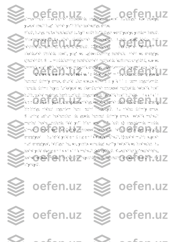almashinadi.   Oksidlanish   protsessida   organizmda   xosil   buladigan   suv   traxeya
yuzasi orsali bug‘- lanish yo‘li bilan tashsariga chitsa
riladi, bunga nafas harakatlari tufayli sodir bo‘ladigan ventilyasiya yordam beradi.
Bioximiyaviy   nafas   olish   oksidlanish   protsessidir.   Bunda   xavo   kislo-   rodi
ishtirokida   karbonat   angidrid   ajraladi.   Oksidlanish   —   oksidlanish   fermenti   —
oksidazish   tirokida   otssil,   yog‘   va   uglevodlarning   parchala-   nishi   va   energiya
ajratishidir.   SHu   moddalarning   parchalanishi   natijasida   karbonat   angidrid,   suv   va
ammiak xosil silib, issiklik va mexanik energiya organizmning hayotini sats- laydi.
G a v d a x a r o r a t i va i ss i q l i k r e j i m i .  Hasharotlarning gavda
harorati   doimiy   emas,   chunki   ular   sovuts   sonli   p   o   y   k   i   l   o-   term   organizmdr.
Tanada   doimo   hayot   funksiyasi   va   oksndlanish   protsessi   natijasida   issitslik   hosil
bulib, tashsi muhitga berib turiladi. Organizmda issitslik hosil bulishi — i s s i s l i
k p r o d u k s i - ya s i, uning sarflanishga issitslik berish deb ifodalanadi. Ularning
bir-biriga   nisbati   organizm   haro-   ratini   ifodalaydi.   Bu   nisbat   doimiy   emas.
SHuning   uchun   hasharotlar-   da   gavda   harorati   doimiy   emas.   Issitslik   mahsuli
manbai   hasha-   rotlarda   ikki   yo‘l   bilan   xosil   bo‘-   ladi:   a)   organizmda   modda
almashi-   nuvi   va   oksidlanish   protsessi   natijasida   ishlab   chitsilgan   issitslik
energiyasi — bu ichki yoki e n d o g e n i s sitslik mahsuli, b) tashsi muhit- suyosh
nuri   energiyasi,   isitilgan  ha,   vo,   yopits   xonadagi   sun’iy   issitslik   va   boshsalar.   Bu
tashsi yoki ekzog e n i s s i s l i k mahsuli deb aytiladi. Kuzatishlar ko‘rsatishicha,
tashsi  issitslik manbai hasharotlar hayotida, tana haroratini anitslashda muhim rol
o‘ynaydi. 