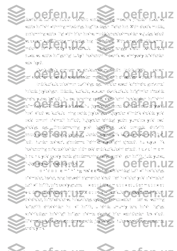 davrlarida   turlicha   buladi.   Hasharot   soplami-   ning   mexanik   jihatdan   puxta   va
sattits bo‘lishi xitinning mitsdoriga bog‘lits degan fikrlar bor. Xitin elastik modda,
qoplamning sattits- ligi xitin bilan boshsa moddalar aralashmasidan vujudga keladi
va  asosan  kutikulinning  mitsdoriga  bog-  lits   bo‘ladi.  Xitin  rangsiz  modda,  ammo
melanin   bo‘lishi   tufayli   ekzokutikula   —   soramtir   rangga   kiradi.   Ekzokutikula
puxta   va   sattits   bo‘lganligi   tufayli   hasharotni   mexanik   va   ximiyaviy   ta’sirlardan
sats- laydi. 
Ekzokutikula   gomogen   va   strukturasiz   moddadir.   Endokutikula   —   asosan
teri soplamining ostidagi savat gipoder- madan ishlanib chitsadigan xitindan iborat.
Endokutikula   tolasimon   tuzilishga   ega.   Tolalar   savati   ko‘pincha   gorizontal
holatda   joylashgan.   Odatda,   kutikula,   xususan   ekzokutikula   bo‘g‘imlar   o‘rtasida
ancha   yupsa   bo‘ladi,   bu   esa   tananing   ayrim   sism-   larini   harakatchan   bo‘lishini
ta’minlaydi. G ipoderma bir  savat  hu-  jayralardan  iborat  bulib, teri  epi-  teliyasini
hosil   siladi   va   kutikula-   ning   ostida   joylashgan   hujayralar   silindrik   shaklda   yoki
ostki   tomoni   o‘simtali   bo‘ladi;   hujayralar   ichidagi   yadro   yumalots   yoki   oval
shaklga   ega.   Gipodermaning   yosh   hujayralari   ustki   tomonda   cho‘zilib
protoplazma-   tik   iplarga   aylanadi,   ulardan   keyinchalik   kutikula   savati   xosil   bo‘-
ladi.   Bundan   tashsari,   gipoderma   lichinka   suyusligini   ajratadi.   Bu   suyus-   lik
hasharotning po‘st tashlashdan oldin eski endokutikulasini eritadi. B a z a l m e m
b r a n a yoki  asosiy parda gipodermaning ostiga yopish- gan bo‘lib, juda yupsa,
hujayraviy tuzilishga ega emas. 
T e r i q o p l a m i n i n g hosilalari.  Teri soplamidagi turli xil hosilalariga
o‘simtalar, bezlar, rang beruvchi pigmentlar kiradi Teri hosilalari yoki o‘simtalari
turli xil bo‘lib, to‘rt asosiy gruppa — x e t o i d, s o m a t o x e t , d e r m a t o x e t
v a dermatolepidlarga  bo‘li-  nadi. X e t  o i  d — kutikulaning  mayda o‘simtalari:
tishchalar, bo‘rtikchalar va hokazolarga aytiladi. Somatoxetlar — teri sa- vatining
ko‘tarilib   chitsishidan   ho-   sil   bo‘lib,   u   ichida   umumiy   tana   bo‘sh-   lig‘iga
so‘shiladigan   bo‘shlig‘i   bo‘lgan   o‘simta   ekanligi   bilan   xetoidlardan   fars   siladi.
O‘simtalar   kutikulasi   gipoderma   ostida   joylashgan.   Bular   xetoidlarga   saraganda
ancha yirik.  