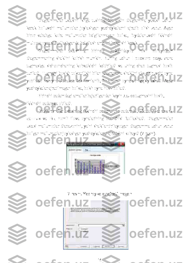 Diagrammalar   ustasini   ishga   tushirishdan   oldin   diagramma   yasash   uchun
kerak   bo'luvchi   ma'lumotlar   joylashgan   yacheykalarni   ajratib   olish   zarur.   Agar
biror   sababga   ko'ra   ma'lumotlar   belgilanmagan   bo'lsa,   foydalanuvchi   ikkinchi
muloqot oynasi faollashganda belgilash amalini bajarishi kerak.
Diagrammalar   ustasining   birinchi   qadamidayoq   hosil   bo'layotgan
diagrammaning   shaklini   ko'rish   mumkin.   Buning   uchun   Просмотр   результата
tugmasiga   sichqonchaning   ko'rsatkichi   keltiriladi   va   uning   chap   tugmasi   bosib
turiladi. Tugmani bosish to'xtatilishi bilan diagramma shaklini aks ettiruvchi oyna
yopiladi. Bu oyna  Образец  deb nomlanib,  Вид  nomli oyna o'rnigajoylashadi. Agar
yacheykalar ajratilmagan bo'lsa, bo'sh oyna hosil bo'ladi.
Birinchi qadamdagi amallar bajarilgandan keyin  Далее  tugmasini bosib, 
ikkinchi qadamga o'tiladi.
Diagrammalar ustasining ikkinchi qadami. Bu qadamda, odatda   Диапазоны
данных   va   Ряд   nomli   ilova   oynalarining   birinchisi   faollashadi.   Diagrammalar
ustasi   ma'lumotlar   diapazonini,   ya'ni   shakllantirilayotgan   diagramma   uchun   zarur
bo'lgan ma'lumotlar joylashgan yacheykalarni ajratishni so'raydi (7-rasm).
7-rasm. Yacheykalar ajratilmagan
16 