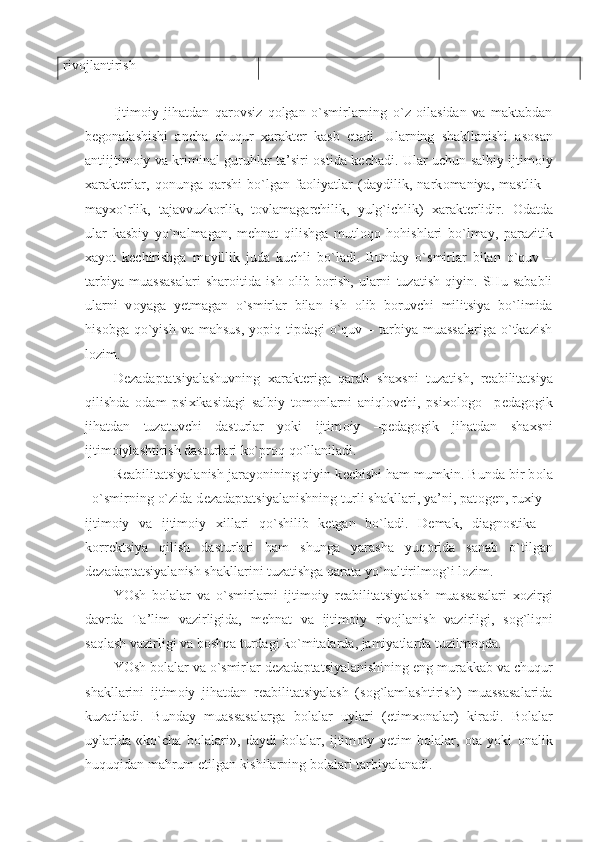 rivojlantirish
Ijtimoiy   jihatdan   qarovsiz   qolgan   o`smirlarning   o`z   oilasidan   va   maktabdan
begonalashishi   ancha   chuqur   xarakter   kasb   etadi.   Ularning   shakllanishi   as o san
antiijtim o iy va kriminal guruhlar ta’siri   o stida k e chadi. Ular uchun salbiy ijtim o iy
x arakt e rlar,   q o nunga   qarshi   bo`lgan   fa o liyatlar   (daydilik,   nark o maniya,   mastlik   –
may x o`rlik,   tajavvuzk o rlik,   t o vlamagarchilik,   yulg`ichlik)   x arakt e rlidir.   O datda
ular   kasbiy   yo`nalmagan,   m e hnat   qilishga   mutl o q o   h o hishlari   bo`lmay,   parazitik
x ayot   k e chirishga   m o yillik   juda   kuchli   bo`ladi.   Bunday   o`smirlar   bilan   o`quv   –
tarbiya   muassasalari   shar o itida   ish   o lib   b o rish,   ularni   tuzatish   qiyin.   SHu   sababli
ularni   v o yaga   yetmagan   o`smirlar   bilan   ish   o lib   b o ruvchi   militsiya   bo`limida
his o bga qo`yish  va  mahsus,  yopiq  tipdagi  o`quv –  tarbiya  muassalariga  o`tkazish
l o zim.
D e zad ap tatsiyalashuvning   x arakt e riga   qarab   sha x sni   tuzatish,   r e abilitatsiya
qilishda   o dam   psi x ikasidagi   salbiy   t o m o nlarni   aniql o vchi,   psi xo l o g o   –p e dag o gik
jihatdan   tuzatuvchi   dasturlar   yoki   ijtim o iy   –p e dag o gik   jihatdan   sha x sni
ijtim o iylashtirish dasturlari ko`pr o q qo`llaniladi.
R e abilitatsiyalanish jarayonining qiyin k e chishi ham mumkin. Bunda bir b o la
–o`smirning o`zida d e zadaptatsiyalanishning turli shakllari, ya’ni, pat o g e n, ru x iy –
ijtim o iy   va   ijtim o iy   x illari   qo`shilib   k e tgan   bo`ladi.   D e mak,   diagn o stika   –
k o rr e ktsiya   qilish   dasturlari   ham   shunga   yarasha   yuq o rida   sanab   o`tilgan
d e zadaptatsiyalanish shakllarini tuzatishga qarata yo`naltirilm o g`i l o zim. 
YOsh   b o lalar   va   o`smirlarni   ijtim o iy   r e abilitatsiyalash   muassasalari   xo zirgi
davrda   Ta’lim   vazirligida,   m e hnat   va   ijtim o iy   riv o jlanish   vazirligi,   s o g`liqni
saqlash vazirligi va b o shqa turdagi ko`mitalarda, jamiyatlarda tuzilm o qda.
YOsh b o lalar va o`smirlar d e zadaptatsiyalanishining eng murakkab va chuqur
shakllarini   ijtim o iy   jihatdan   r e abilitatsiyalash   (s o g`lamlashtirish)   muassasalarida
kuzatiladi.   Bunday   muassasalarga   b o lalar   uylari   ( e tim xo nalar)   kiradi.   B o lalar
uylarida   «ko`cha   b o lalari»,   daydi   b o lalar,   ijtim o iy   yetim   b o lalar,   o ta   yoki   o nalik
huquqidan mahrum etilgan kishilarning b o lalari tarbiyalanadi. 
