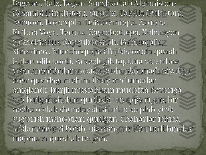 Arxeologlar Kushon madaniyatiga oid 
Bagram, Balx, Began, Surxkxoʻtal (Afgʻoniston), 
Kosambi (Hindiston), Sirsukx, Taksila (Pokiston), 
Ayritom, Bozorqala, Dalvarzintepa, Zartepa, 
Koʻhna Voye, Termiz, Xayrobodtepa, Xolchayon 
(Oʻzbekiston), Kayqubodshoh, Koʻhnaqalʼa, 
Shaxrinav, Munchoqtepa (Tojikiston)da qazish 
ishlari olib bordi. Arxeologik topilma va koʻhna 
yozma manbalar asosida kushonlar madaniyatiga 
doyr quyidagi muhim ilmiy maʼlumotlar 
aniqlandi: burjli mustahkam mudofaa devoriga 
ega boʻlgan shahar qurilishi taraqqiy etgan, bir 
necha oʻnlab shunday shaharlar, koʻplab yirik 
sugʻorish inshootlari qurilgan. Shaharlar ichida 
arklar mavjud boʻlib, ularning atrofini turli binolar 
majmuasi qurshab turgan. 