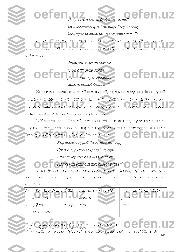 Нечун энди менга бу байту ғазал?
Мен  шайтон  қўлидан шароблар ичдим,
Мен ҳурлар тилидан сипқордим асал. 337
Шоира   З.Мўминова   бугунги   кунда   баъзан   инсонларни   йўлдан
адаштиришда   шайтон   ва   иблисдан   қолишмайдиган   интернетни   аждарга
қиёслайди:
Интернет деган  аждар ,
Симидан оқар заҳар.
Дод демай рўзи маҳшар,
Болага китоб беринг. 338
Ҳақиқатда   интернетдаги   айрим   салбий,   зарарли   дастурлар   бола   руҳий
ва   ақлий   оламини   ютиб   юборади   ва   унинг   беғубор   дунёсини   нобуд   қилади.
Танасини   аждар   оловидек   нурлантириб,   куйдиради.   Шу   жиҳатдан   интернет
инсон  онгини заҳарловчи аждарга ўхшатилган.
О.Ҳожиеванинг “Нажот” достонида эса тоза ҳавони, шу ҳаводан нафас
олувчи   инсон   организмини   заҳарловчи   ўғит   ишлаб   чиқарувчи   заводлар
“аждархона” метафораси билан ифода этилган:
Карманада қуриб “аждархона”лар,
Ҳавога пуркади заҳролуд тутун.
Газини хорижга пуллаб, оналар
Қозон қайнатгани тополмас ўтин. 339
Ушбу   фаслда   келтирилган   таҳлиллар   натижаси   ўлароқ,   қуйидаги   жадвалда
мифологик   образлар   ва   уларнинг   янги   турмуш   предметларини   образлантириши   акс
эттирилган:
№ Ўхшатилмиш образ Ўхшалмиш предмет Ўхшатилиш асоси
1. Ялмоғиз самолёт учиш
2. Дўзах,   тамуғ,
жаҳаннам  атом ёниш
337
 Саййид С. Қалдирғочларга бер айвонларингни. – Т. : Шарқ, 2005. – Б.114.
338
 Зулфия Мўминова// https://uzas.u z / articles /869
339
 Ҳожиева О. Шом шуълалари. Сайланма (Шеърлар, достонлар, қасидалар). – Т.: Шарқ, 2010. – Б. 359.
142 