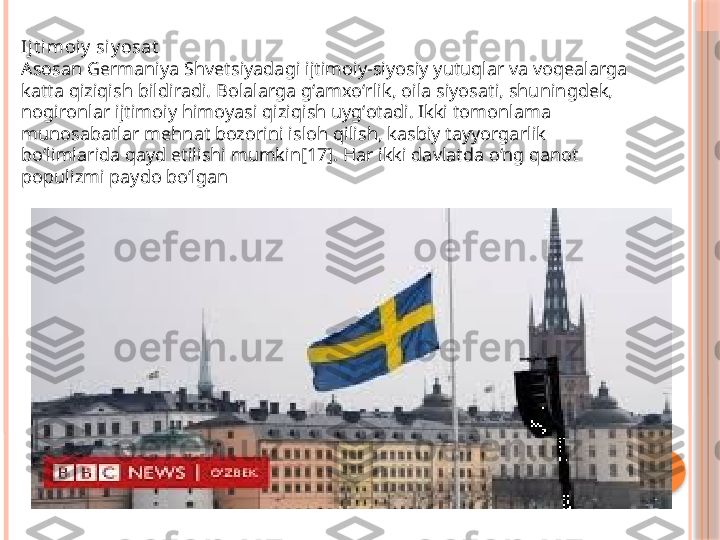 Ijt i moiy  siy osat
Asosan Germaniya Shvetsiyadagi ijtimoiy-siyosiy yutuqlar va voqealarga 
katta qiziqish bildiradi. Bolalarga gʻamxoʻrlik, oila siyosati, shuningdek, 
nogironlar ijtimoiy himoyasi qiziqish uygʻotadi. Ikki tomonlama 
munosabatlar mehnat bozorini isloh qilish, kasbiy tayyorgarlik 
boʻlimlarida qayd etilishi mumkin[17]. Har ikki davlatda o‘ng qanot 
populizmi paydo bo‘lgan     