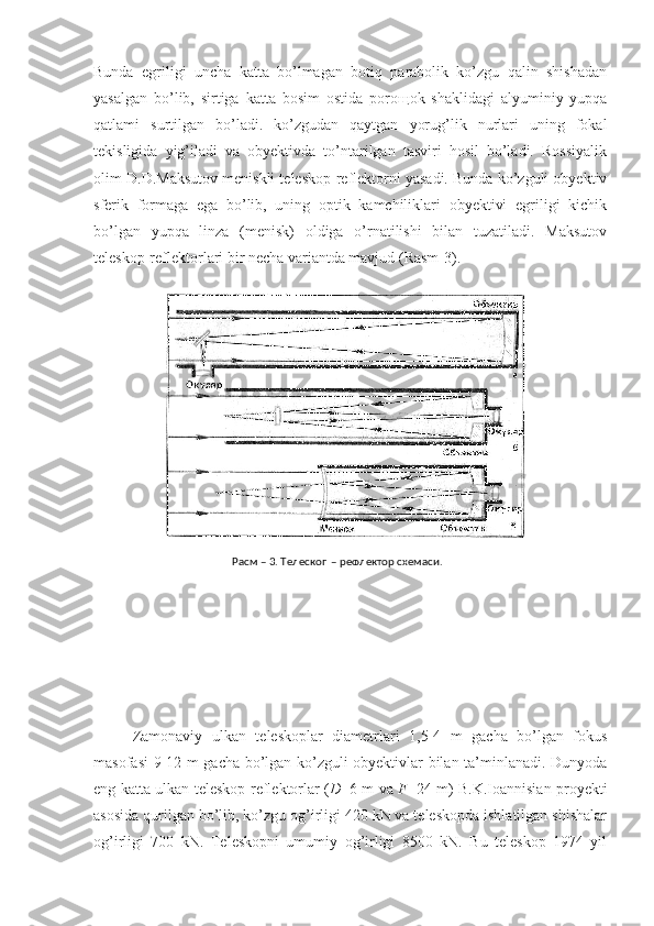 Bunda   egriligi   uncha   katta   bo’lmagan   botiq   parabolik   ko’zgu   qalin   shishadan
yasalgan   bo’lib,   sirtiga   katta   bosim   ostida   poro щ ok   shaklidagi   alyuminiy   yupqa
qatlami   surtilgan   bo’ladi.   ko’zgudan   qaytgan   yorug’lik   nurlari   uning   fokal
tekisligida   yig’iladi   va   obyektivda   to’ntarilgan   tasviri   hosil   bo’ladi.   Rossiyalik
olim D.D.Maksutov meniskli teleskop-reflektorni yasadi. Bunda ko’zguli obyektiv
sferik   formaga   ega   bo’lib,   uning   optik   kamchiliklari   obyektivi   egriligi   kichik
bo’lgan   yupqa   linza   (menisk)   oldiga   o’rnatilishi   bilan   tuzatiladi.   Maksutov
teleskop-reflektorlari bir necha variantda mavjud (Rasm-3).
Zamonaviy   ulkan   teleskoplar   diametrlari   1,5-4   m   gacha   bo’lgan   fokus
masofasi 9-12 m gacha bo’lgan ko’zguli obyektivlar bilan ta’minlanadi. Dunyoda
eng katta ulkan teleskop-reflektorlar ( D =6 m va   F =24 m) B.K.Ioannisian proyekti
asosida qurilgan bo’lib, ko’zgu og’irligi 420 kN va teleskopda ishlatilgan shishalar
og’irligi   700   kN.   Teleskopni   umumiy   og’irligi   8500   kN.   Bu   teleskop   1974   yil Расм – 3. Телескоп – рефлектор схемаси. 