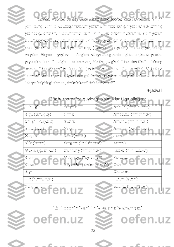   Tuproq ,   o ' simlik   va   hayvonot   olami   bilan   bog ' liq   xalq   terminlari .   Sho ' r
yer  -  qurg ' oqchil   o ' lkalardagi   pastqam   yerlarda   minerallashgan   yer   osti   suvlarining
yer   betiga   chiqishi ,   “ Boburnoma ”   da   “... Kobul   va   G ’ azni   purshar   va   sho ' r   yerlar
edi ...”   deyiladi .   Haqiqatdan   ham   arid   zonada   joylashgan   Kobul   va   G ’ azni   atrofida
sho ' r   yerlar   ko ' plab   uchraydi .   O ’ lang   ( ruschasi   “ polyana ”)   -   o ' tloq   yer ,   keng
maydon .   Yayloq   -   yaylov , “... Farg ' ona   viloyatining   girdo   -   gidri   tog ' larida   yaxshi
yayloqlari   bor ...”.   julg ’ a   -   ko ' klamzor ,   hindlar   julg ’ ani   “ dun   deydilar ”.   To ' qay
termini   “ Boburnoma ” da   faqat   bir   joyda   tilga   olinadi .   Bu   terminni   V . Radlov
“ o ' rmon ”   deb   tarjima   qilgan .   Mo ' g ' ulcha   va   ko ' pgina   turkiy   tillarda   bu   termin
“ daryo   bo ' yidagi   o ' rmon ,  chakalakzor ”  deb   izohlanadi ”.
3-jadval
“Boburnoma”da quyidagi o'simliklar tilga olingan:
Tobulg’u Panyola Anbula  ( hindi hurmo )
Koju (qarag’ay) Omila Amradpal  ( limon navi )
Chilg’o’za  ( kedr ) Xurma Amalbu  ( limon navi )
Bolut  ( dub ) Norgil А malbel  ( limon navi )
Xanjak Limu  ( limon ) Joman 
Kila  ( banan ) Sangtora  ( apelsin navi ) Kamrak 
Maxva  ( gulchikan ) chanbariy  ( limon navi ) Badxal  ( non daraxti )
Kirni Mehrigiyo (“ayiq o’ti”) Karunda 
Kadxil Nayshakar (shakarqa mish) Gula 
Biyr Chirunchi 
Tor  ( hurma   navi) Turunj  ( sitron )
Galgl limu Sadofal  ( limon navi )
1.5. Toponimikani ilmiy va amaliy ahamiyati
25 