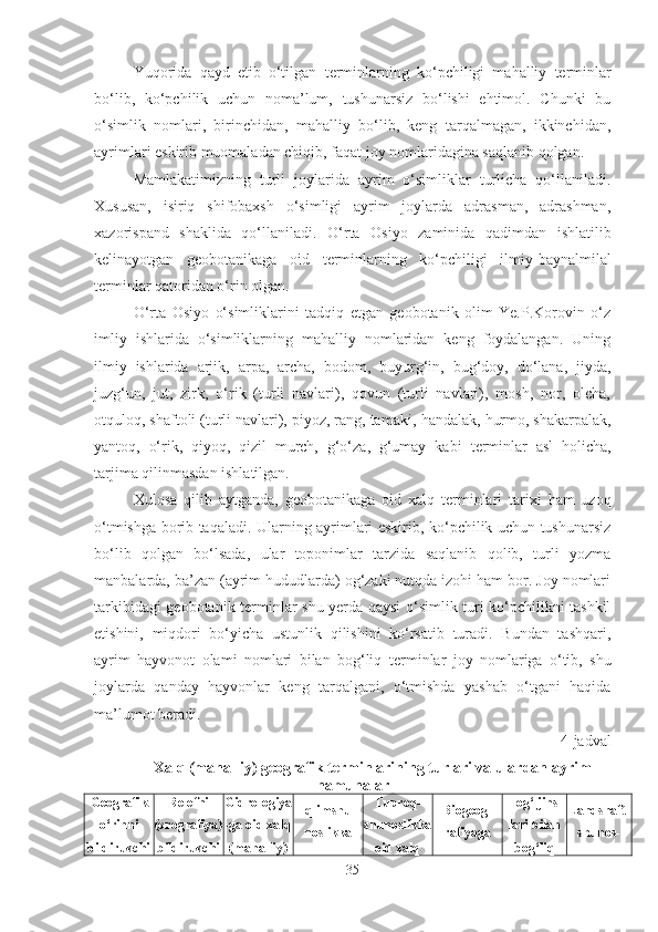 Yuqorida   qayd   etib   o‘tilgan   terminlarning   ko‘pchiligi   mahalliy   terminlar
bo‘lib,   ko‘pchilik   uchun   noma’lum,   tushunarsiz   bo‘lishi   ehtimol.   Chunki   bu
o‘simlik   nomlari,   birinchidan,   mahalliy   bo‘lib,   keng   tarqalmagan,   ikkinchidan,
ayrimlari eskirib muomaladan chiqib, faqat joy nomlaridagina saqlanib qolgan.
Mamlakatimizning   turli   joylarida   ayrim   o‘simliklar   turlicha   qo‘llaniladi.
Xususan,   isiriq   shifobaxsh   o‘simligi   ayrim   joylarda   adrasman,   adrashman,
xazorispand   shaklida   qo‘llaniladi.   O‘rta   Osiyo   zaminida   qadimdan   ishlatilib
kelinayotgan   geobotanikaga   oid   terminlarning   ko‘pchiligi   ilmiy -baynalmilal
terminlar  qatoridan o‘rin olgan.
O‘rta   Osiyo   o‘simliklarini   tadqiq   etgan   geobotanik   olim   Ye.P.Korovin   o‘z
imliy   ishlarida   o‘simliklarning   mahalliy   nomlaridan   keng   foydalangan.   Uning
ilmiy   ishlarida   arjik,   arpa,   archa,   bodom,   buyurg‘in,   bug‘doy,   do‘lana,   jiyda,
juzg‘un,   jut,   zirk,   o‘rik   (turli   navlari),   qovun   (turli   navlari),   mosh,   nor,   olcha,
otquloq, shaftoli (turli navlari), piyoz, rang, tamaki,  handalak ,  hurmo , shakarpalak,
yantoq,   o‘rik,   qiyoq,   qizil   murch,   g‘o‘za,   g‘umay   kabi   terminlar   asl   holicha ,
tarjima qilinmasdan ishlatilgan.
Xulosa   qilib   aytganda,   geobotanikaga   oid   xalq   terminlari   tarixi   ham   uzoq
o‘tmishga borib taqaladi. Ularning ayrimlari eskirib, ko‘pchilik uchun tushunarsiz
bo‘lib   qolgan   bo‘lsada,   ular   toponimlar   tarzida   saqlanib   qolib,   turli   yozma
manbalarda, ba’zan (ayrim hududlarda) og‘zaki nutqda izohi ham bor. Joy nomlari
tarkibidagi geobotanik   terminlar   shu yerda qaysi o‘simlik turi ko‘pchilikni tashkil
etishini,   miqdori   bo‘yicha   ustunlik   qilishini   ko‘rsatib   turadi.   Bundan   tashqari,
ayrim   hayvonot   olami   nomlari   bilan   bog‘liq   terminlar   joy   nomlariga   o‘tib,   shu
joylarda   qanday   hayvonlar   keng   tarqalgani,   o‘tmishda   yashab   o‘tgani   haqida
ma’lumot beradi.
4-jadval
Xalq (mahalliy) geografik terminlarining turlari va ulardan ayrim
namunalar
Geografik
o‘rinni
bildiruvchi Relefni
(orografiya)
bildiruvchi Gidrologiya
-ga oid xalq
(mahalliy) Iqlimshu-
noslikka  Tuproq-
shunoslikka
oid xalq  Biogeog-
rafiyaga  Tog‘ jins-
lari bilan
bog‘liq Landshaft-
shunos-
35 