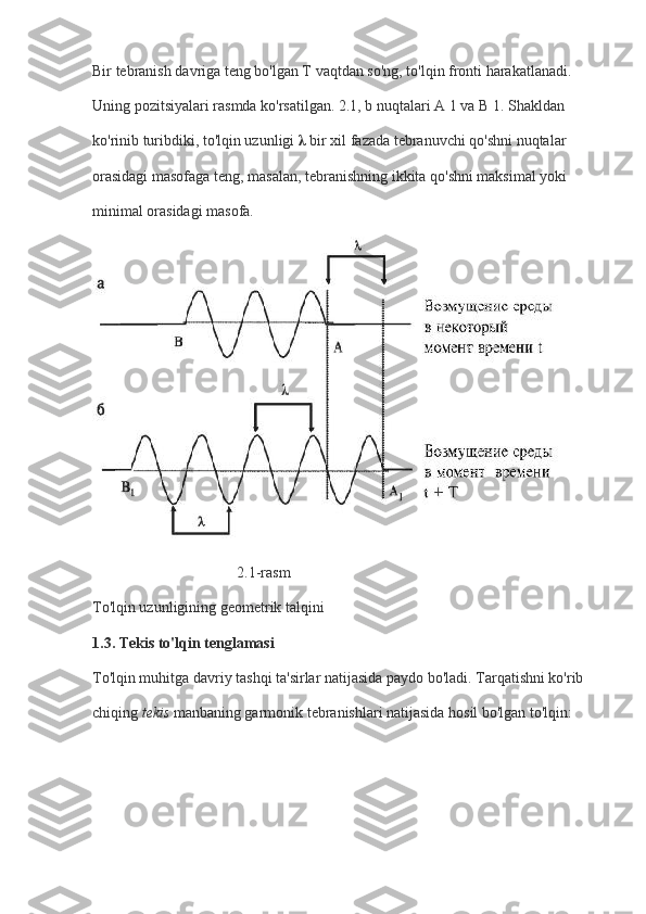 Bir tebranish davriga teng bo'lgan T vaqtdan so'ng, to'lqin fronti harakatlanadi. 
Uning pozitsiyalari rasmda ko'rsatilgan. 2.1, b nuqtalari A 1 va B 1. Shakldan 
ko'rinib turibdiki, to'lqin uzunligi   λ   bir xil fazada tebranuvchi qo'shni nuqtalar 
orasidagi masofaga teng, masalan, tebranishning ikkita qo'shni maksimal yoki 
minimal orasidagi masofa.
        
                                      2.1-rasm
To'lqin uzunligining geometrik talqini
1.3. Tekis to'lqin tenglamasi
To'lqin muhitga davriy tashqi ta'sirlar natijasida paydo bo'ladi. Tarqatishni ko'rib 
chiqing   tekis   manbaning garmonik tebranishlari natijasida hosil bo'lgan to'lqin: 