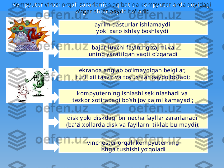 Kompy ut еr v irusi  orqali  zararlanish oqibat ida k ompy ut еrl arda quy idagi 
o’zgarishlar pay do bo’ladi :
ay rim dast urlar ishl amay di 
y ok i xat o ishlay  boshl ay di  
bajaril uv chi fay l ni ng xajmi v a
  uning y arat i lgan v aqt i o’zgaradi  
ek randa angl ab bo’lmay digan bеlgilar, 
t urli  x il t asv ir v a t ov ushl ar pay do bo’ladi;
k ompy ut еrning ishlashi sеk inlashadi  v a 
t еzk or xot iradagi bo’sh joy  xajmi k amay adi;
disk  y ok i disk dagi bir nеcha fay llar zararlanadi 
(ba'zi  xollarda disk  v a fay llarni t ik lab bulmaydi);
v inchеst еr orqali k ompy ut еrni ng
  ishga t ushishi  y o’qoladi   