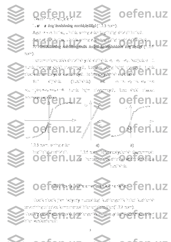 Eksperiment natijalari.
1.      –  	   bog`lanishning nochiziqliligi  (1.2.5-rasm).
Agar   bo`lsa, u holda 	
  ning 	  dan bog`liqligi chiziqli bo`ladi.
Agar   bo`lsa, u holda 	
  ning 	  dan bog`liqligi nochiziqli bo`ladi.
2.   Plastiklikning   kuchlanganlik   holati   ko`rinishidan   bog`liqligi   (1.2.6-
rasm).
Har tomonlama tekis cho`zilish yoki siqilishda  . Natijada    = 0.
Bunda   jismning   shakli   o`zgarmaydi,   faqatgina   uning   hajmi   o`zgaradi.   Bunda
plastik deformatsiyalar kuzatilmaydi. Deformatsiyalanish sof elastik. 
Sof   siljishda   (buralishda)   esa  
  Bunda   hajm   o`zgarmaydi,   faqat   shakl   o` zgaradi.
Deformatsiya elastik-plastik.
1.2.5-rasm. 	
  ning 	  dan
bog`liqligi nochiziqli. a )                                b )
1.2.6-rasm. Deformatsiyalanish diagrammasi:
a  – har tomonlama chiqilish va cho`zilishda;  b
– buralishda.
1.2.2. Bosh yuzachalar va bosh kuchlanishlar
Elastik-plastik   jism   ixtiyoriy   nuqtasidagi   kuchlanganlik   holati   kuchlanish
tenzorining to`qqizta komponentasi bilan aniqlanadilar (1.2.7-rasm).
Elastik-plastik   jism   nuqtasida   kuchlanganlik  holati   quyidagi   kuchlanish  tenzori
bilan xarakterlanadi:
15 