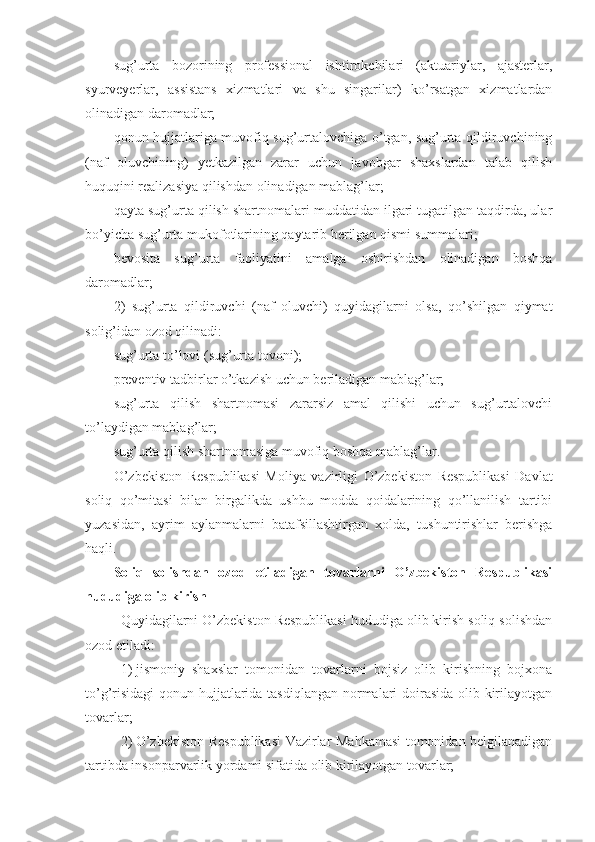 sug’urta   bozorining   professional   ishtirokchilari   (aktuariylar,   ajasterlar,
syurveyerlar,   assistans   xizmatlari   va   shu   singarilar)   ko’rsatgan   xizmatlardan
olinadigan daromadlar;
qonun hujjatlariga muvofiq sug’urtalovchiga o’tgan, sug’urta qildiruvchining
(naf   oluvchining)   yetkazilgan   zarar   uchun   javobgar   shaxslardan   talab   qilish
huquqini realizasiya qilishdan olinadigan mablag’lar;
qayta sug’urta qilish shartnomalari muddatidan ilgari tugatilgan taqdirda, ular
bo’yicha sug’urta mukofotlarining qaytarib berilgan qismi summalari; 
bevosita   sug’urta   faoliyatini   amalga   oshirishdan   olinadigan   boshqa
daromadlar;
2)   sug’urta   qildiruvchi   (naf   oluvchi)   quyidagilarni   olsa,   qo’shilgan   qiymat
solig’idan ozod qilinadi:
sug’urta to’lovi (sug’urta tovoni);
preventiv tadbirlar o’tkazish uchun beriladigan mablag’lar;
sug’urta   qilish   shartnomasi   zararsiz   amal   qilishi   uchun   sug’urtalovchi
to’laydigan mablag’lar;
sug’urta qilish shartnomasiga muvofiq boshqa mablag’lar.
O’zbekiston   Respublikasi   Moliya   vazirligi   O’zbekiston   Respublikasi   Davlat
soliq   qo’mitasi   bilan   birgalikda   ushbu   modda   qoidalarining   qo’llanilish   tartibi
yuzasidan,   ayrim   aylanmalarni   batafsillashtirgan   xolda,   tushuntirishlar   berishga
haqli.
Soliq   solishdan   ozod   etiladigan   tovarlarni   O’zbekiston   Respublikasi
hududiga olib kirish
Quyidagilarni O’zbekiston Respublikasi hududiga olib kirish soliq solishdan
ozod etiladi:
1)   jismoniy   shaxslar   tomonidan   tovarlarni   bojsiz   olib   kirishning   bojxona
to’g’risidagi  qonun hujjatlarida tasdiqlangan normalari doirasida olib kirilayotgan
tovarlar;
2)   O’zbekiston Respublikasi Vazirlar Mahkamasi tomonidan belgilanadigan
tartibda insonparvarlik yordami sifatida olib kirilayotgan tovarlar; 