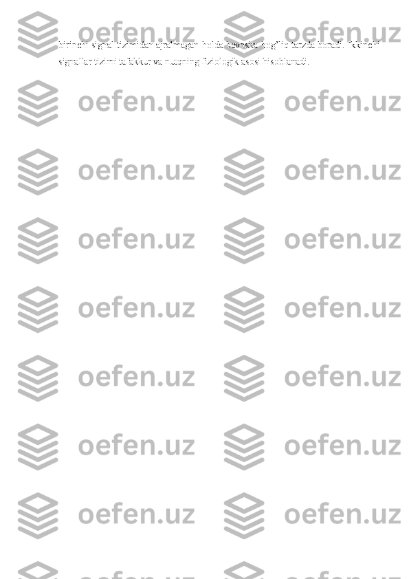 birinchi signal tizimidan ajralmagan holda bevosita bog’liq tarzda boradi. Ikkinchi
signallar tizimi tafakkur va nutqning fiziologik asosi hisoblanadi.  