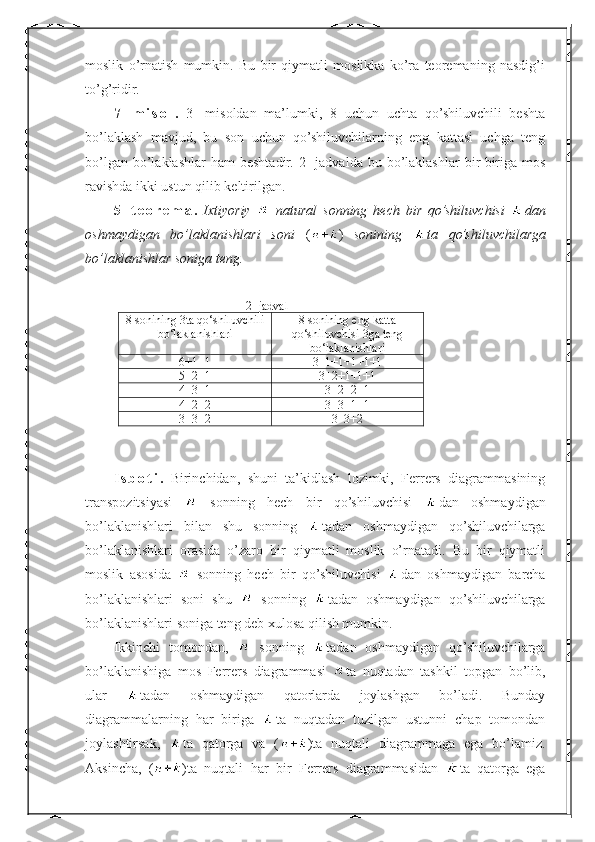 moslik   o’rnatish   mumkin.   Bu   bir   qiymatli   moslikka   ko’ra   teoremaning   nasdig’i
to’g’ridir.  ■
7-   m i s o l .   3-   misoldan   ma’lumki,   8   uchun   uchta   qo’shiluvchili   beshta
bo’laklash   mavjud,   bu   son   uchun   qo’shiluvchilarning   eng   kattasi   uchga   teng
bo’lgan  bo’laklashlar  ham   beshtadir.  2-  jadvalda  bu bo’laklashlar   bir-biriga mos
ravishda ikki ustun qilib keltirilgan.
5-   t e o r e m a .   Ixtiyoriy     natural   sonning   hech   bir   qo’shiluvchisi   dan
oshmaydigan   bo’laklanishlari   soni   ( )   sonining   ta   qo’shiluvchilarga
bo’laklanishlar soniga teng.
2- jadval
8 sonining 3ta qo‘shiluvchili
bo‘laklanishlari 8 sonining eng katta
qo‘shiluvchisi 3ga teng
bo‘laklanishlari
6+1+1 3+1+1+1+1+1
5+2+1 3+2+1+1+1
4+3+1 3+2+2+1
4+2+2 3+3+1+1
3+3+2 3+3+2
I s b o t i .   Birinchidan,   shuni   ta’kidlash   lozimki,   Ferrers   diagrammasining
transpozitsiyasi     sonning   hech   bir   qo’shiluvchisi   dan   oshmaydigan
bo’laklanishlari   bilan   shu   sonning   tadan   oshmaydigan   qo’shiluvchilarga
bo’laklanishlari   orasida   o’zaro   bir   qiymatli   moslik   o’rnatadi.   Bu   bir   qiymatli
moslik   asosida     sonning   hech   bir   qo’shiluvchisi   dan   oshmaydigan   barcha
bo’laklanishlari   soni   shu     sonning   tadan   oshmaydigan   qo’shiluvchilarga
bo’laklanishlari soniga teng deb xulosa qilish mumkin.
Ikkinchi   tomondan,     sonning   tadan   oshmaydigan   qo’shiluvchilarga
bo’laklanishiga   mos   Ferrers   diagrammasi   ta   nuqtadan   tashkil   topgan   bo’lib,
ular   tadan   oshmaydigan   qatorlarda   joylashgan   bo’ladi.   Bunday
diagrammalarning   har   biriga   ta   nuqtadan   tuzilgan   ustunni   chap   tomondan
joylashtirsak,   ta   qatorga   va   ( )ta   nuqtali   diagrammaga   ega   bo’lamiz.
Aksincha,   ( )ta   nuqtali   har   bir   Ferrers   diagrammasidan   ta   qatorga   ega 