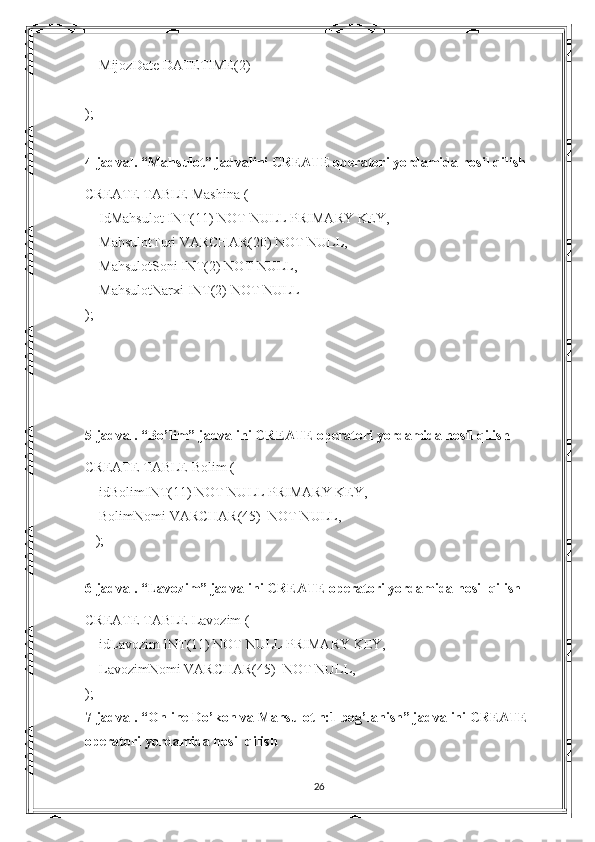      MijozDate DATETIME(2)
    
);
4-jadval. “Mahsulot” jadvalini CREATE operatori yordamida hosil qilish
CREATE TABLE  Mashina  (
     Id Mahsulot  INT(11) NOT NULL PRIMARY KEY,
     Mahsulot Turi VARCHAR(20) NOT NULL,
     Mahsulot Soni INT(2) NOT NULL,
     MahsulotNarxi  INT(2) NOT NULL
);
5-jadval. “Bo’lim” jadvalini CREATE operatori yordamida hosil qilish
CREATE TABLE Bolim   (
     idBolimINT(11) NOT NULL PRIMARY KEY,
     BolimNomi VARCHAR(45)  NOT NULL,
    );
6-jadval. “Lavozim” jadvalini CREATE operatori yordamida hosil qilish
CREATE TABLE Lavozim   (
     idLavozim INT(11) NOT NULL PRIMARY KEY,
     LavozimNomi VARCHAR(45)  NOT NULL,
);
7-jadval. “ Online Do’kon  va Mahsulot n:1 bog’lanish” jadvalini CREATE 
operatori yordamida hosil qilish
26 